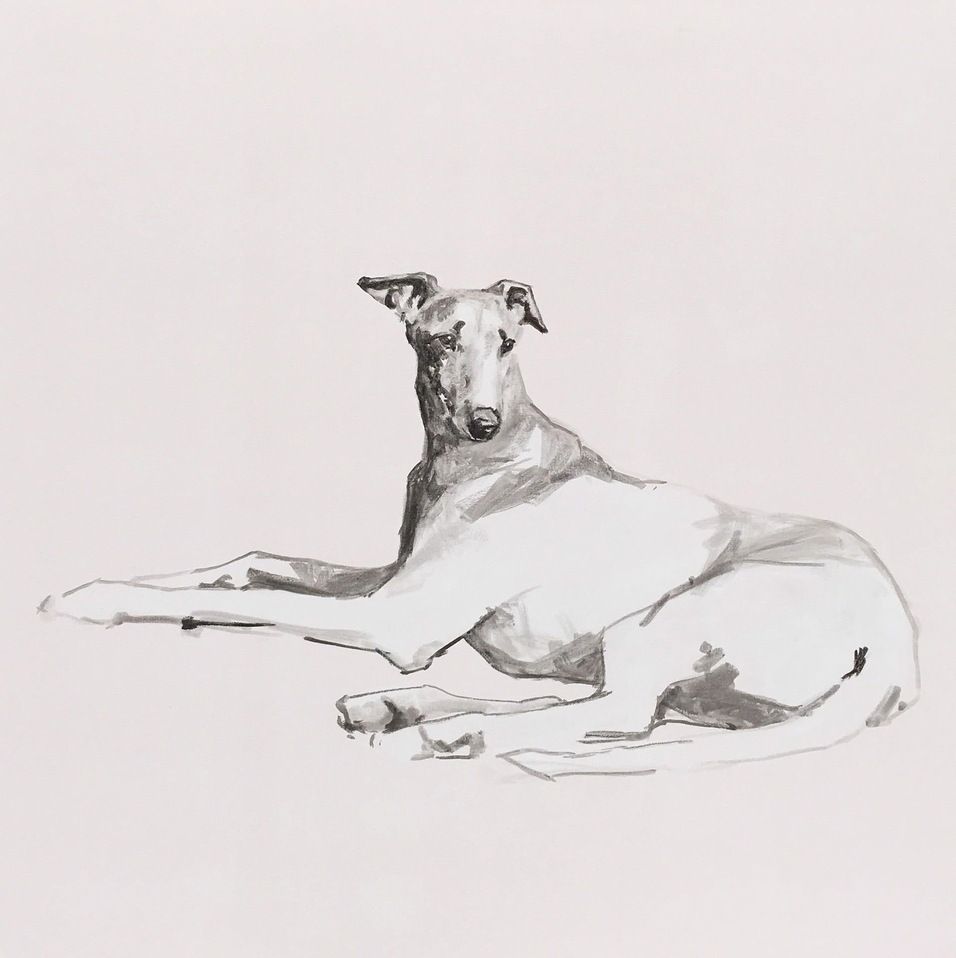 Peinture minimaliste en noir et blanc d'un chien Greyhound par le britannique Ian Mason.