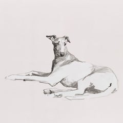 Minimalist black and white painting of a Greyhound dog by British Ian Mason