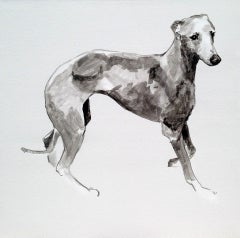 Peinture minimaliste en noir et blanc d'un chien de chasse du whippet de Ian Mason, britannique 