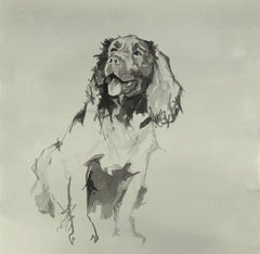 Minimalist ink on Indian Rag paper of a Spaniel dog by British Ian Mason