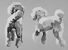 Poodles, minimalist black and white dog painting of a by Ian Mason, British
