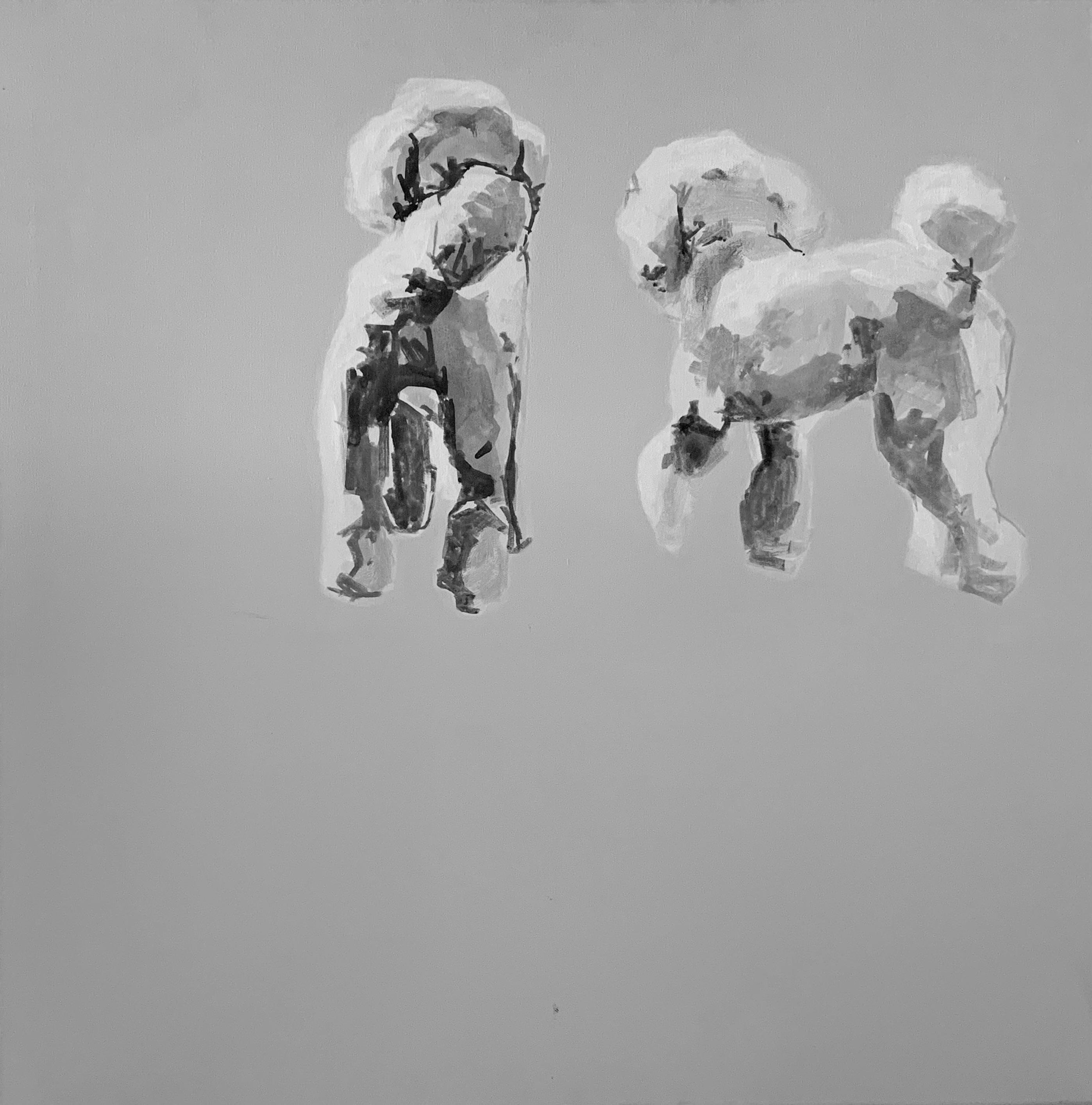 Peinture minimaliste de chien en noir et blanc « Poodles » de Ian Mason, britannique 