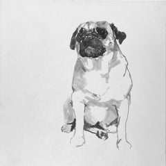 Pug, zeitgenössisches, minimalistisches Hundeporträt, Schwarz-Weiß-Acryl auf Leinwand, gerahmt