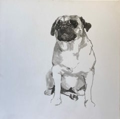 Pug, contemporary minimal dog portrait black and white acrylic on canvas, framed