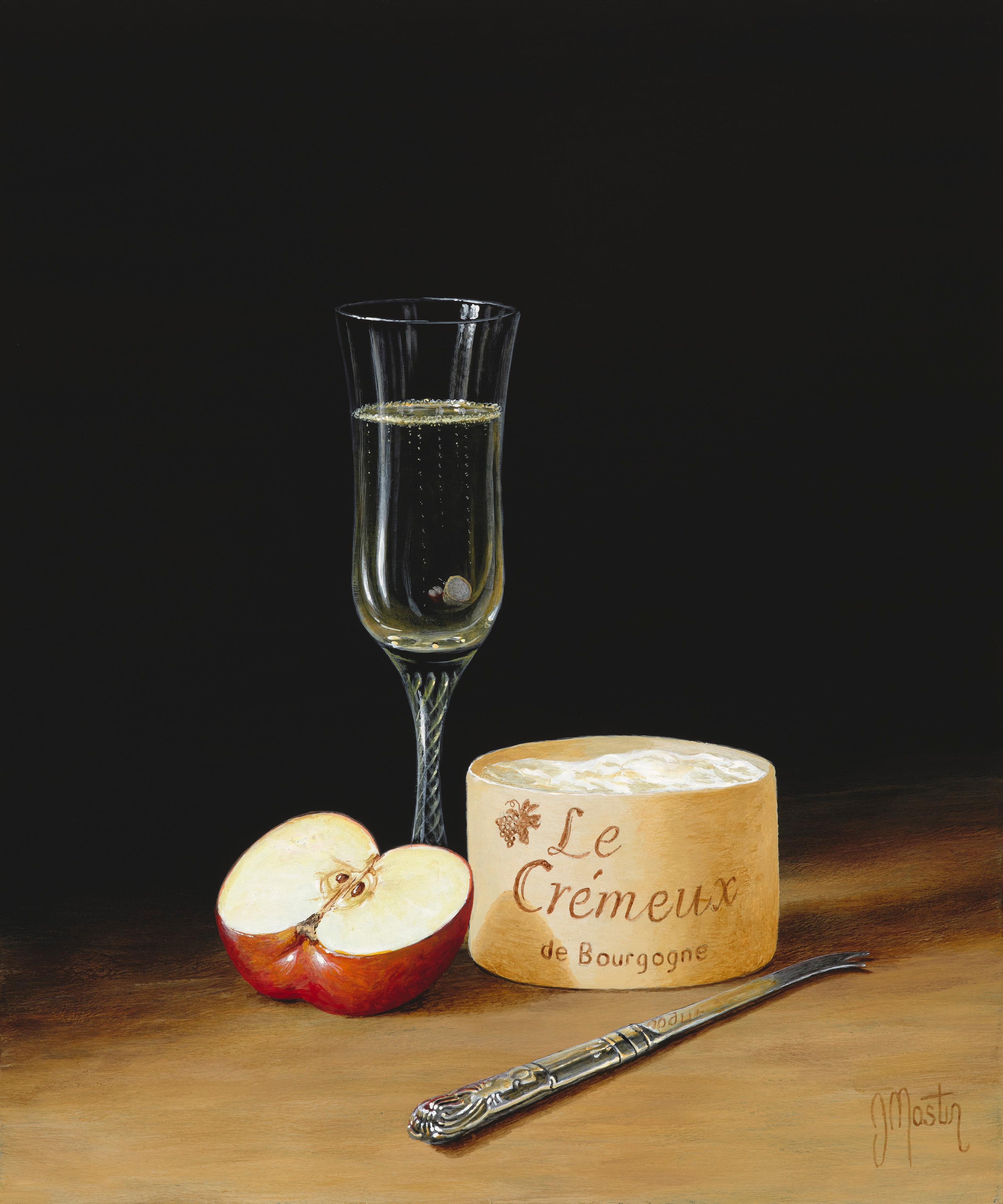 Ian Mastin Still-Life Painting - Apple, Chees & Champagne
