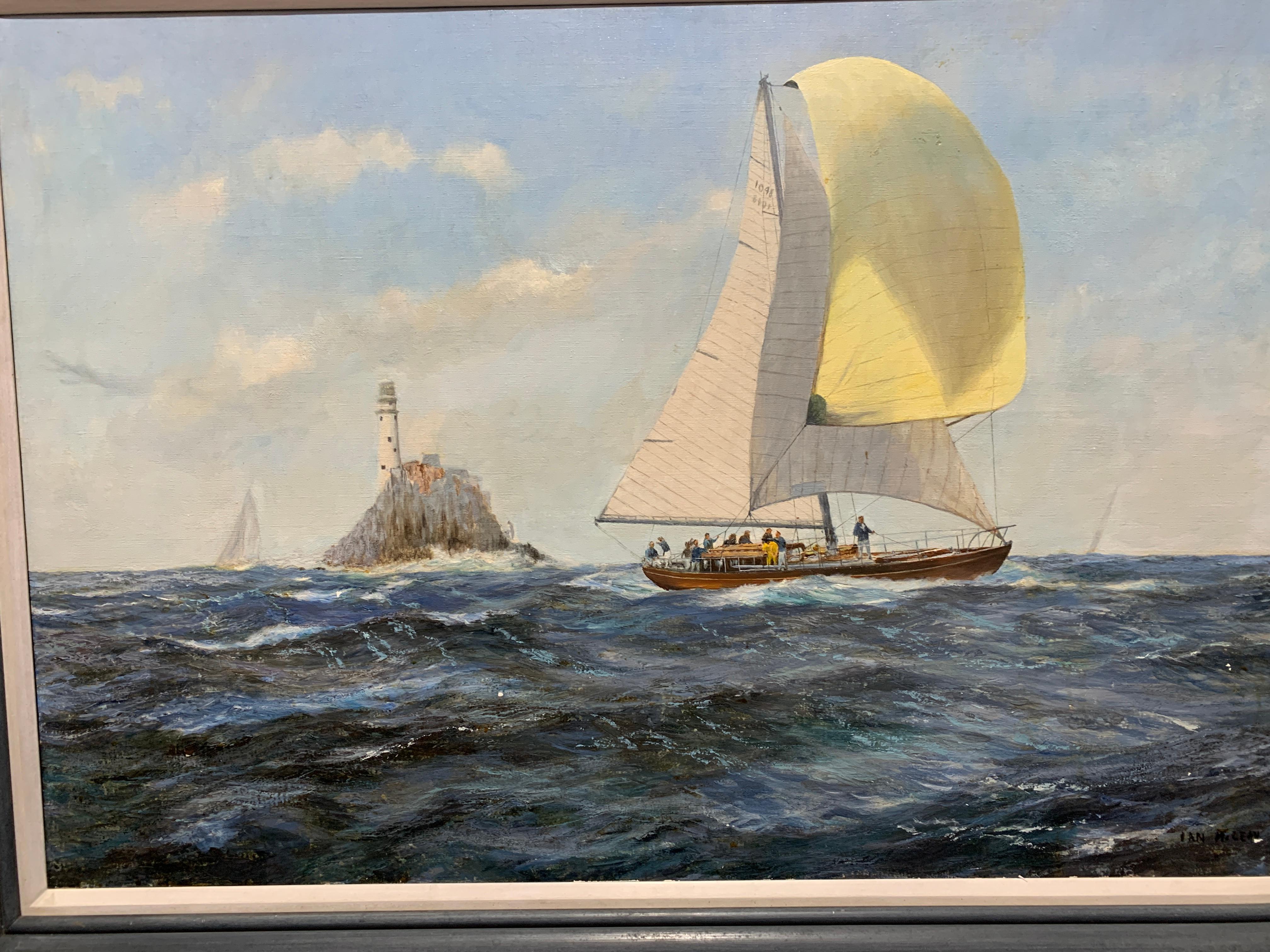 English 20th century Yacht racing off the the Fast Lighthouse of Ireland. - Painting by Ian Mclean
