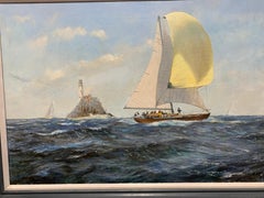English 20th century Yacht racing off the the Fast Lighthouse of Ireland.