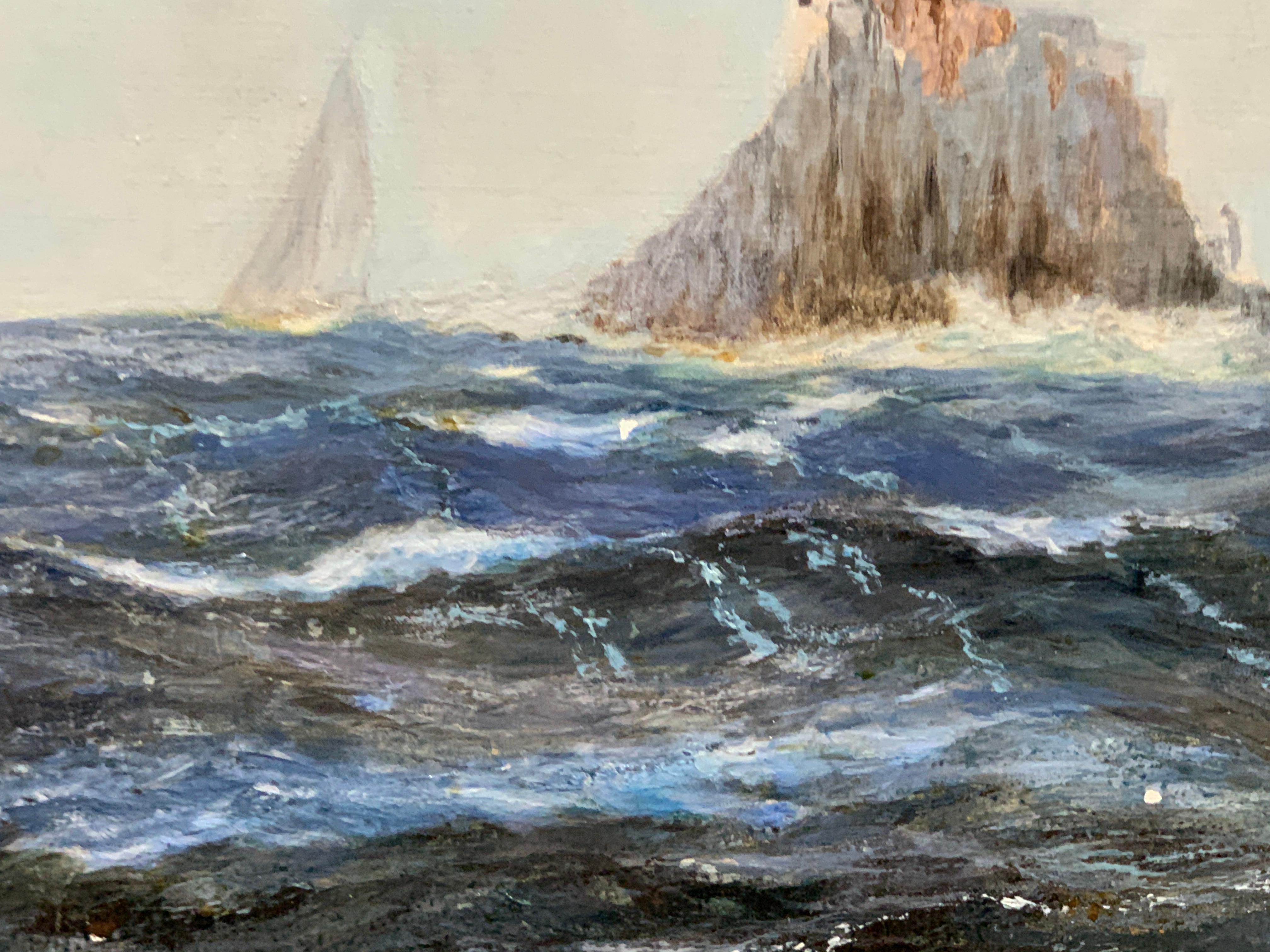 English 20th century Yacht racing off the the Fast Lighthouse of Ireland. - Impressionist Painting by Ian Mclean