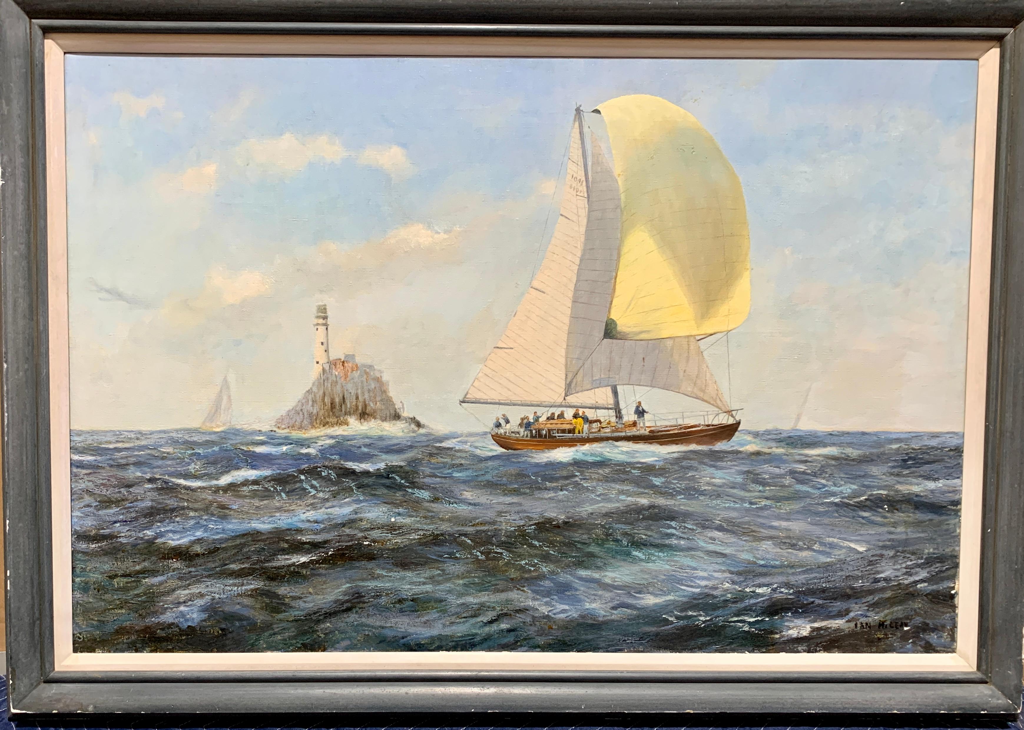 Ian Mclean Figurative Painting - English 20th century Yacht racing off the the Fast Lighthouse of Ireland.