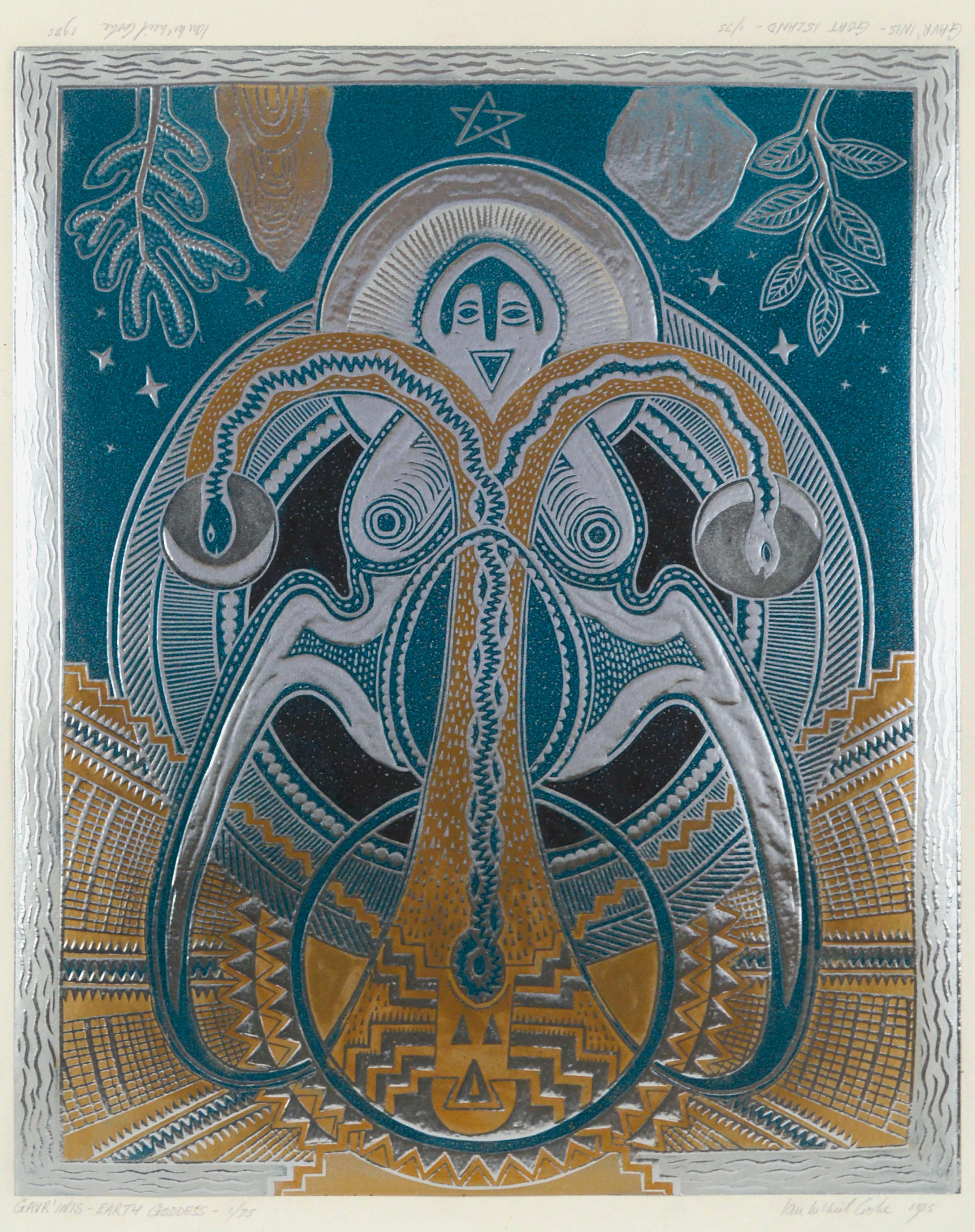 Déesse de la terre Gavrinis, impression réversible métallique psychédélique visionnaire, 1/75 - Gris Figurative Print par Ian McNeil Cooke 