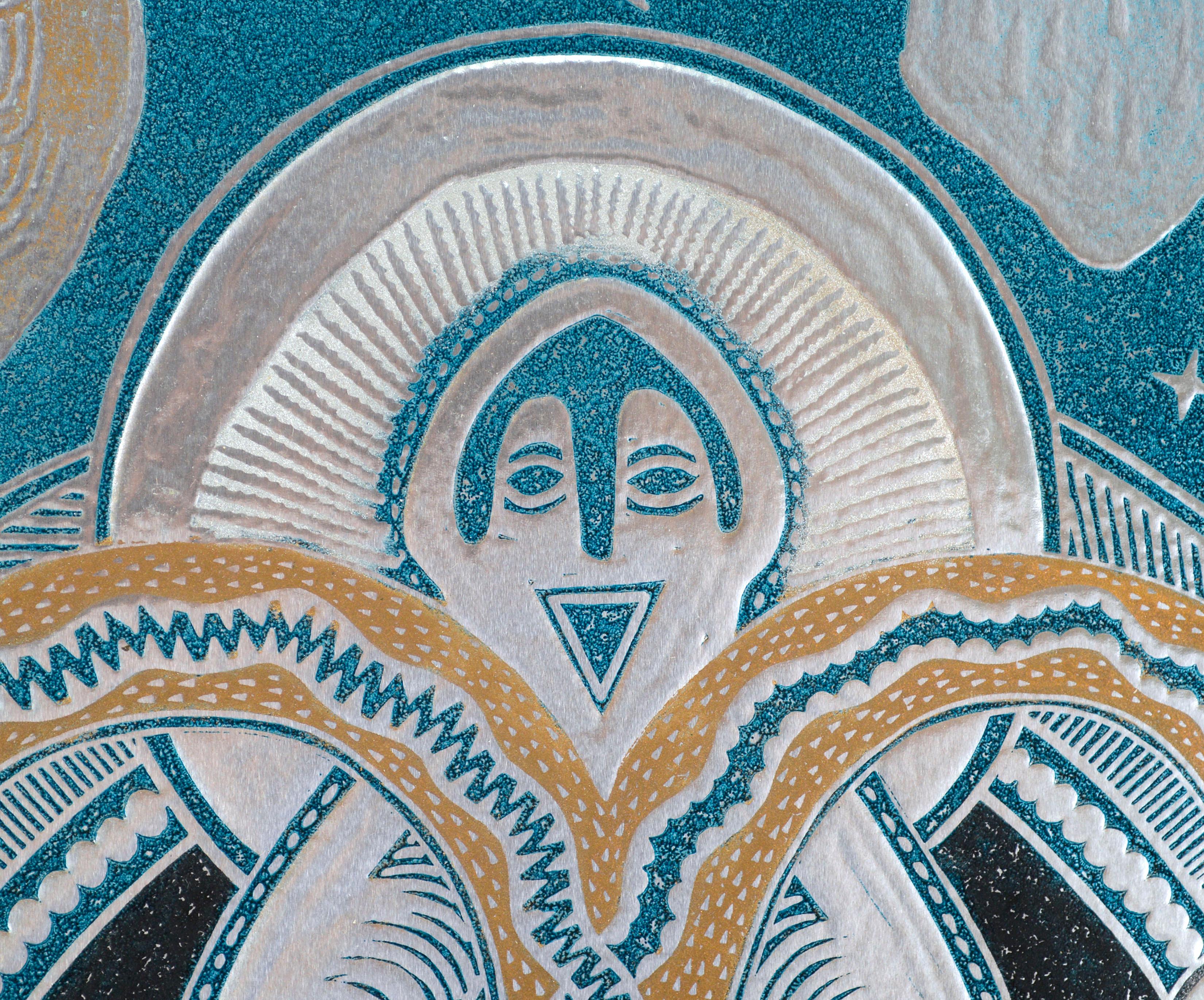 Gavrinis Earth Goddess, Psychedelic Visionary Metallic Reversible Print, 1/75 - Gray Figurative Print by Ian McNeil Cooke 