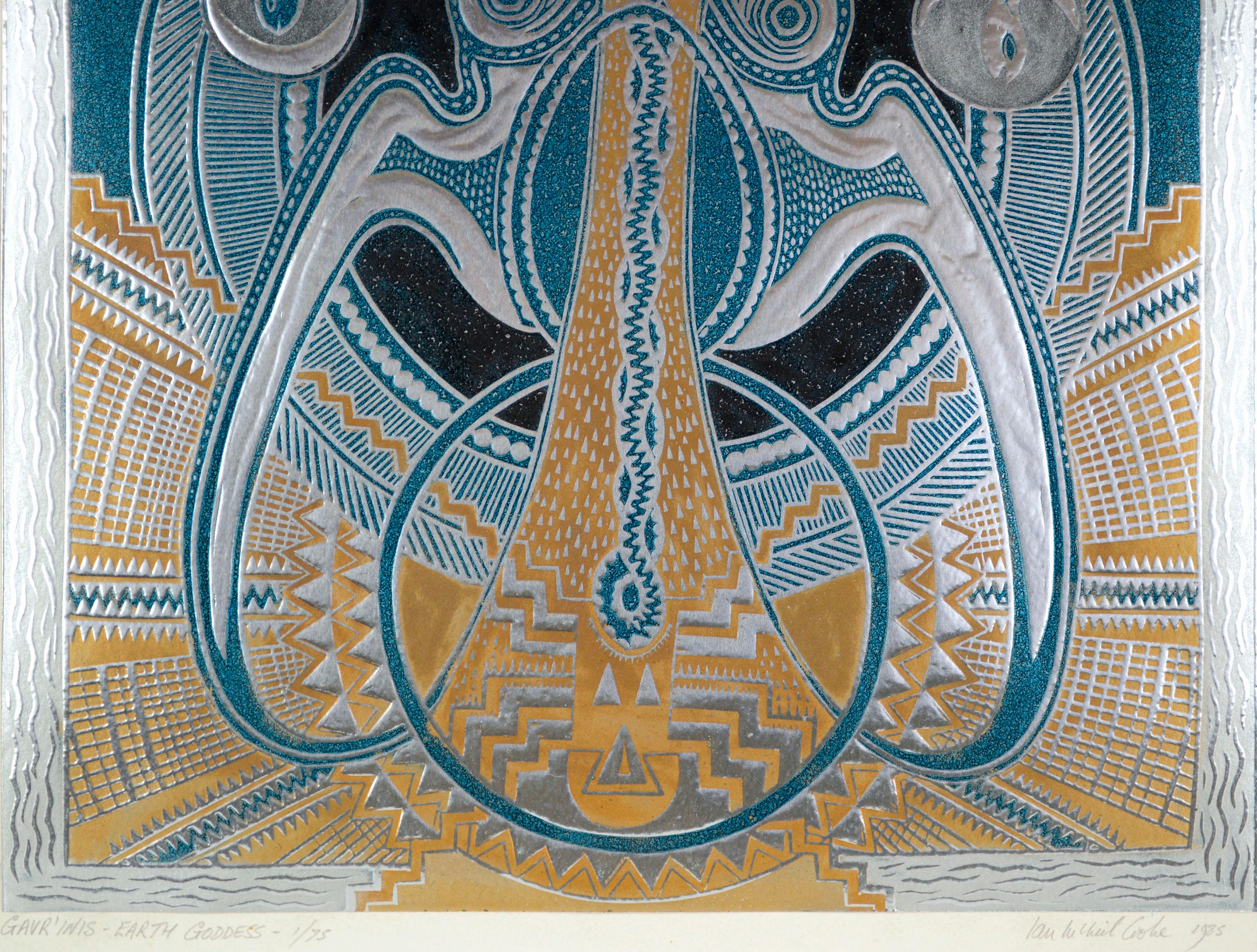 A dazzling visionary art print with psychedelic patterned imagery in metallic silver, blue, and yellow by Ian McNeil Cooke (British, b.1937), 1985. This detailed limited edition signed print depicts a stylized Earth Goddess inspired by the Neolithic