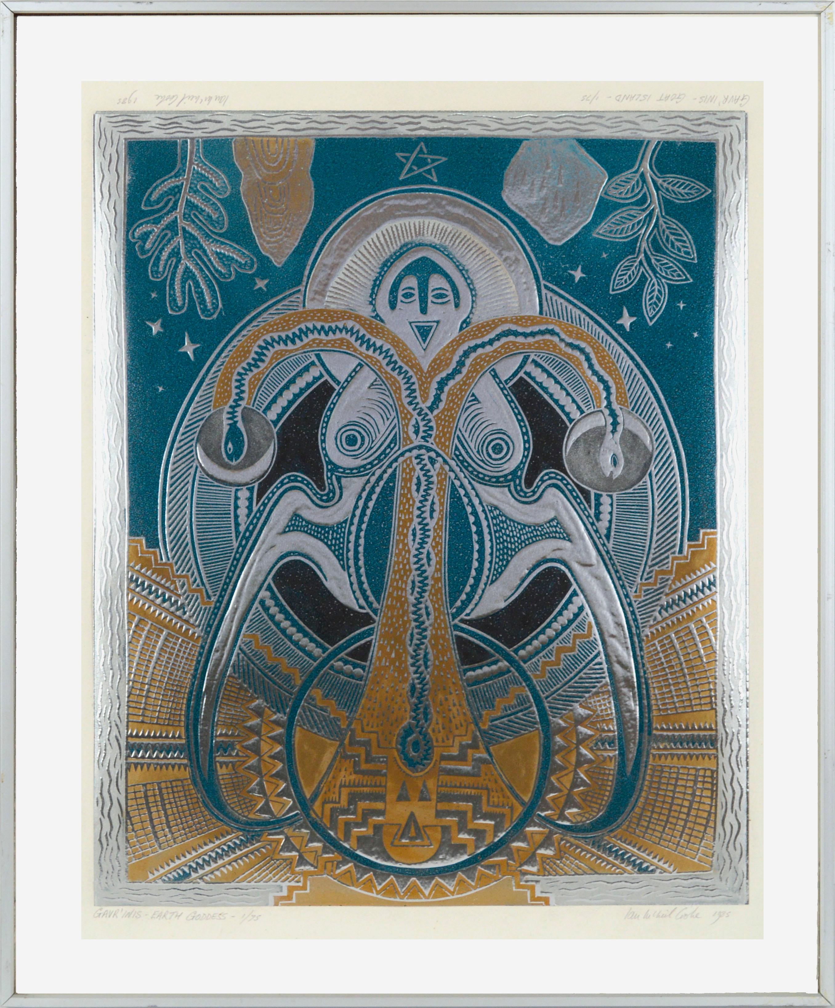 Ian McNeil Cooke  Figurative Print - Gavrinis Earth Goddess, Psychedelic Visionary Metallic Reversible Print, 1/75