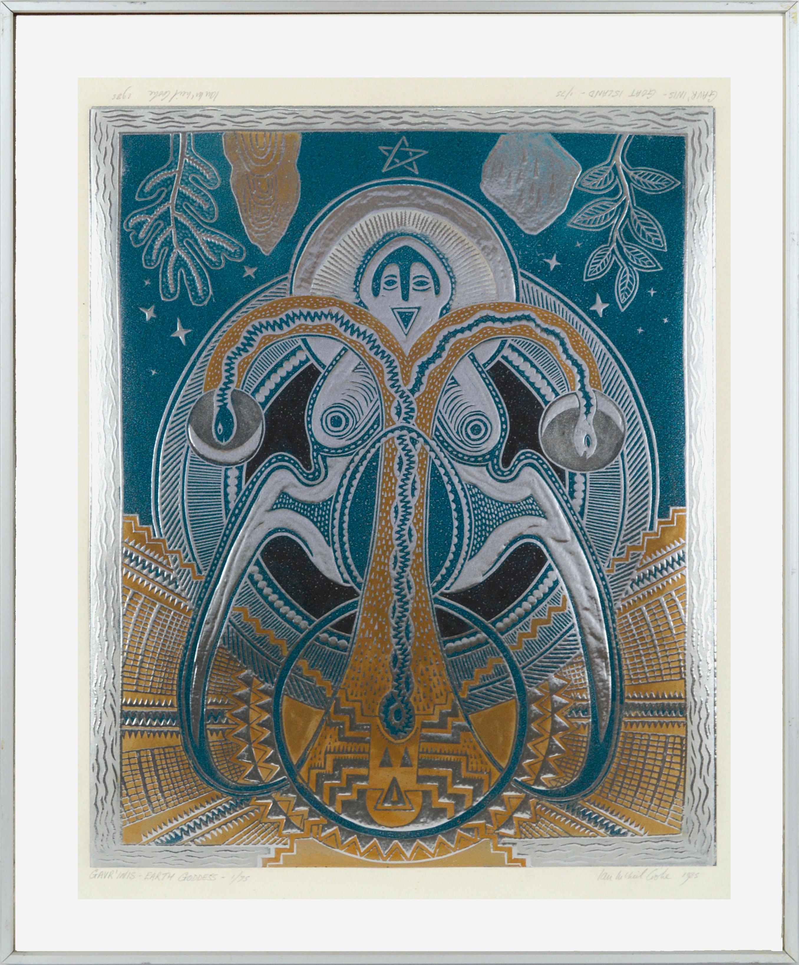 Figurative Print Ian McNeil Cooke  - Déesse de la terre Gavrinis, impression réversible métallique psychédélique visionnaire, 1/75