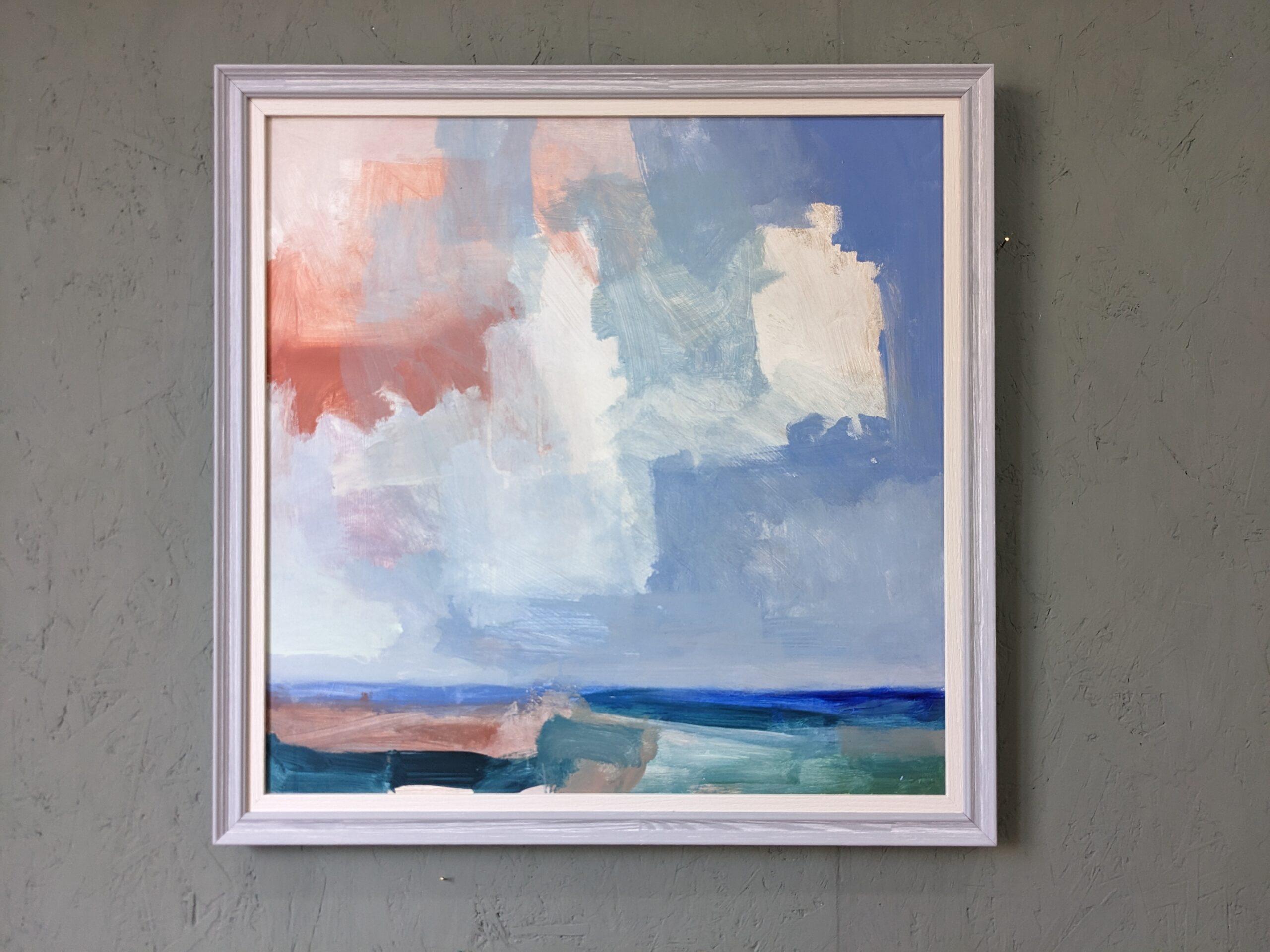 SUMMER CLOUDS
Size: 65.5 x 65.5 cm (including frame)
Oil on board

An outstanding and atmospheric abstract coastal scape painting, executed in oil onto board by contemporary British artist Ian Mood.

The vast expanse of a magnificent sky dominates