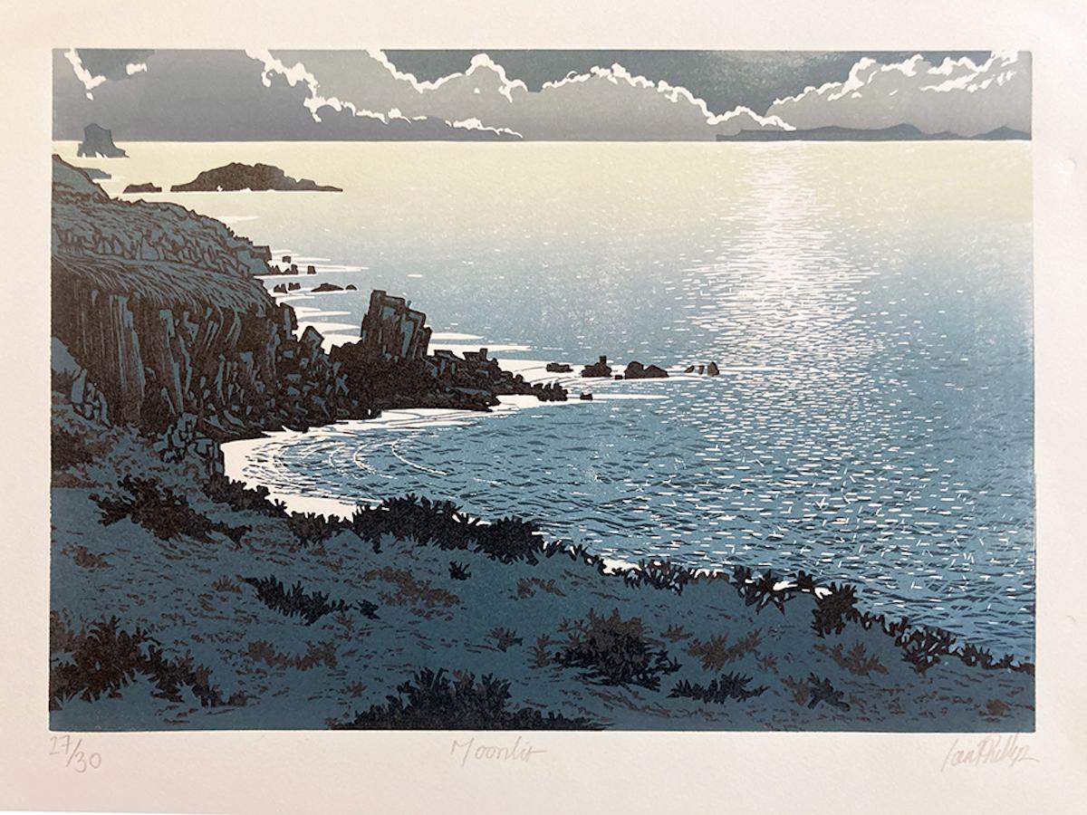 Ian Phillips  Landscape Print - Moonlit, Ian Phillips, Contemporary art, Limited edition Lino print, Sea Art