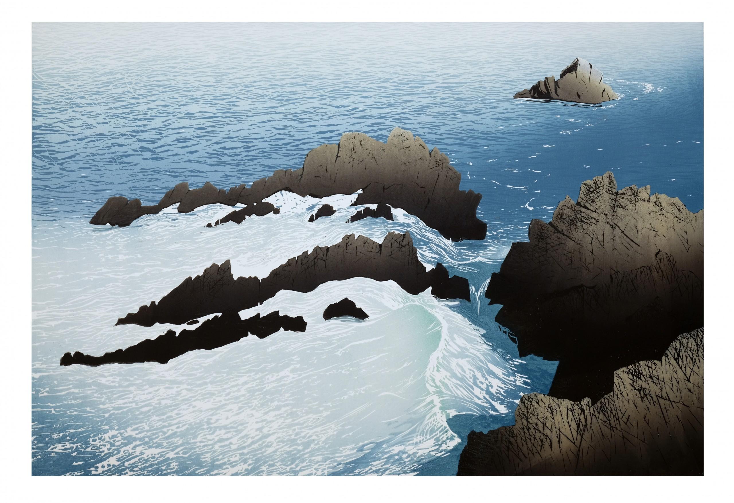 Figurative Print de Ian Phillips - Atrapar la luz, Impresión en edición limitada, Paisaje marino, Playa, Arte marino