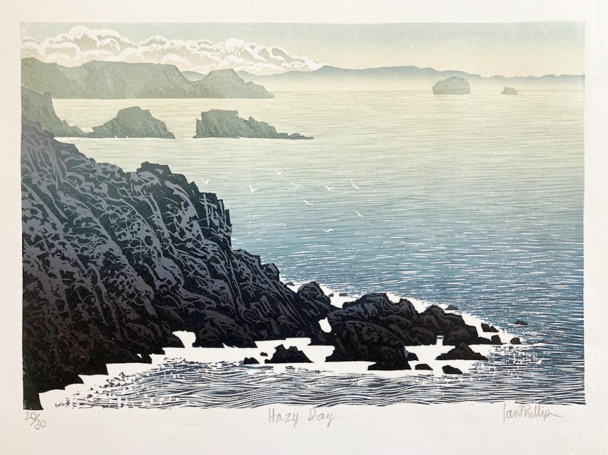 Hazy Day, Ian Phillips, limited edition print, linocut print for sale, seascape 