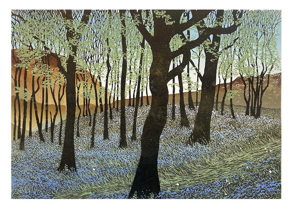 Ian Phillips Figurative Print - Memory of Spring, Limited Edition print, Welsh bluebell wood, Contemporary art