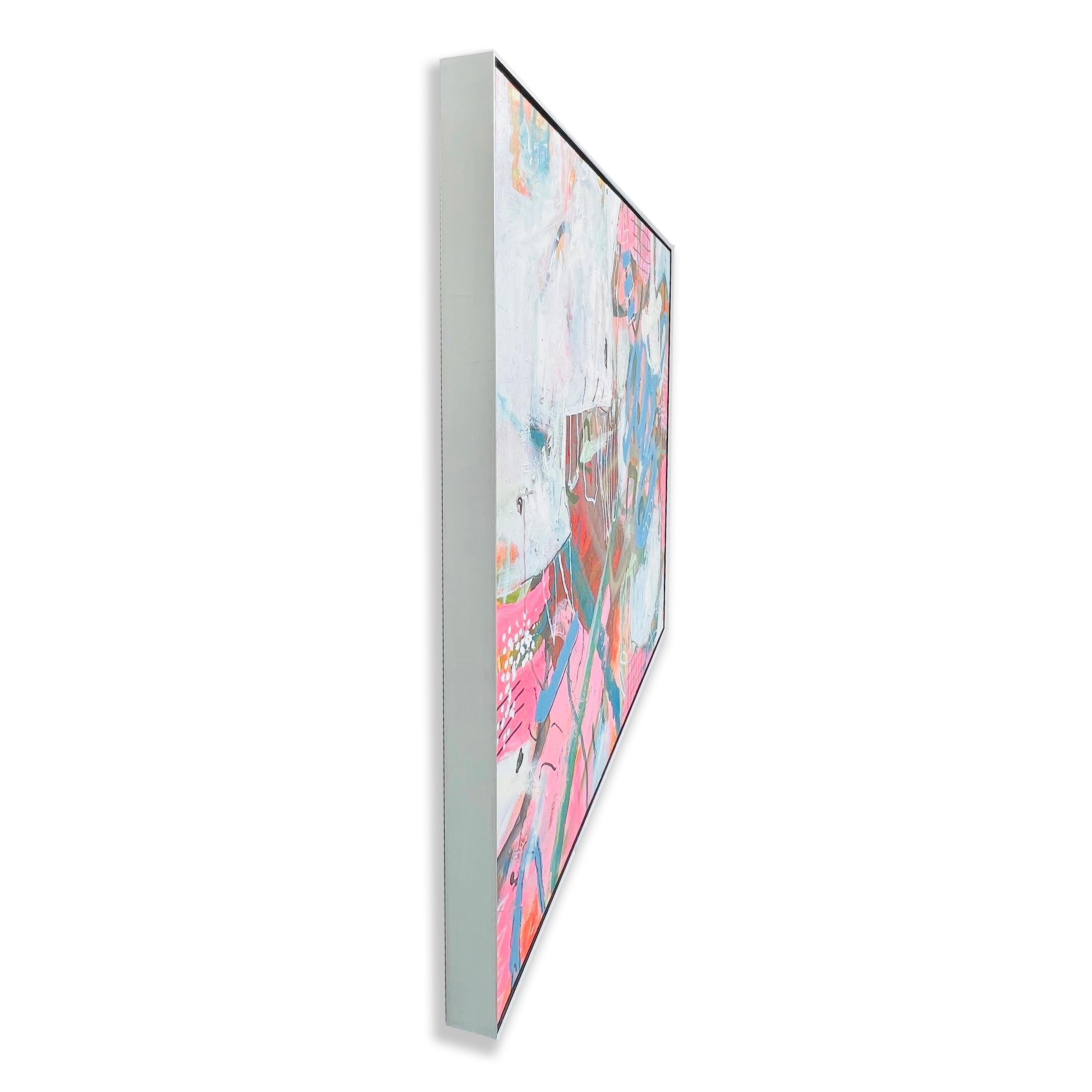 Questo quadro quadrato originale su tela di 60 pollici è incorniciato in una cornice d'argento spazzolato, cablato e pronto per essere appeso. È firmato dall'artista sul retro dell'opera. 

L'opera di Ian Smith trasmette un'immensa energia