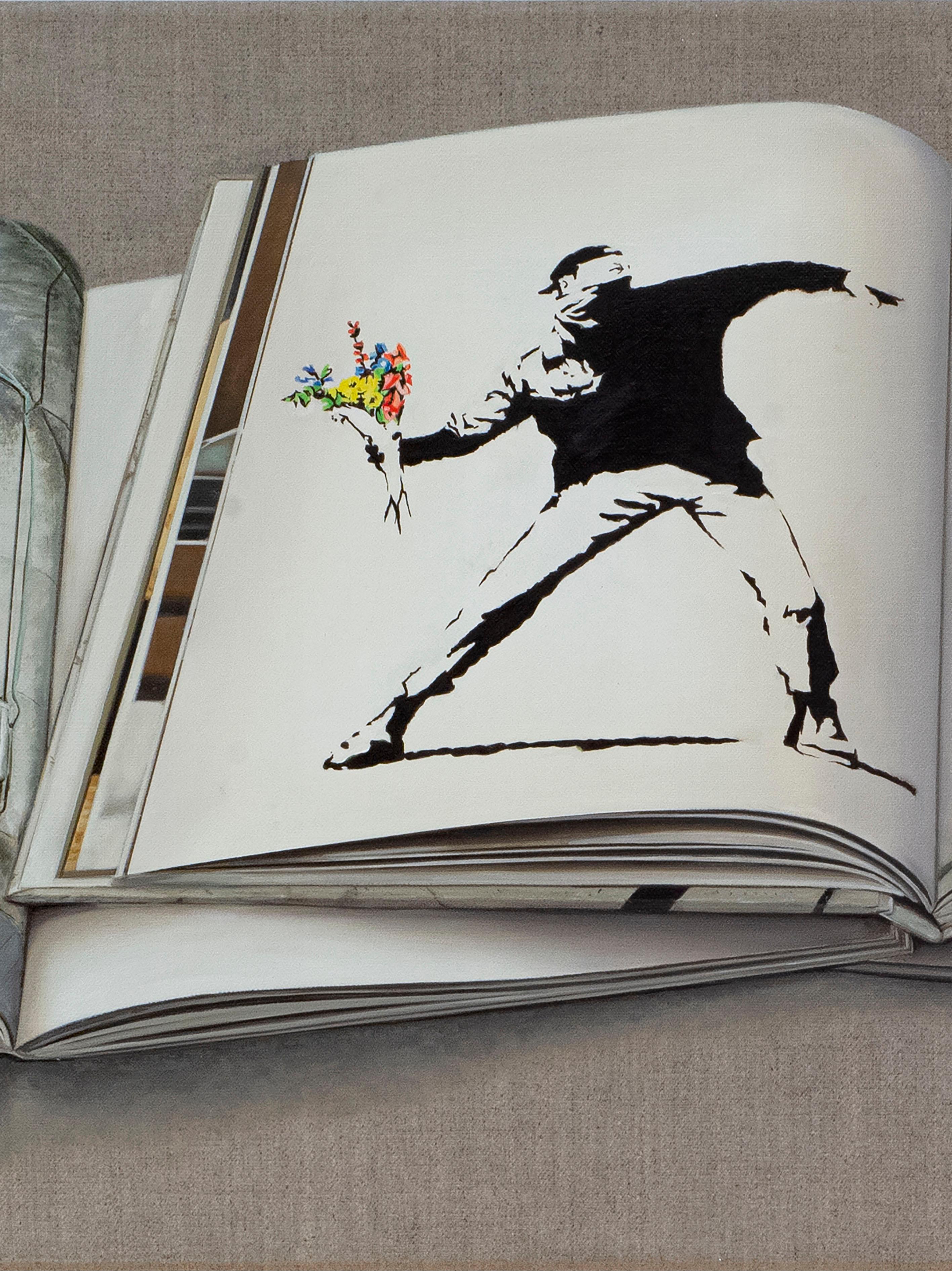 Livres Banksy : Peinture à l'huile photoréaliste de livres de Banksy par Ian Robinson en vente 6