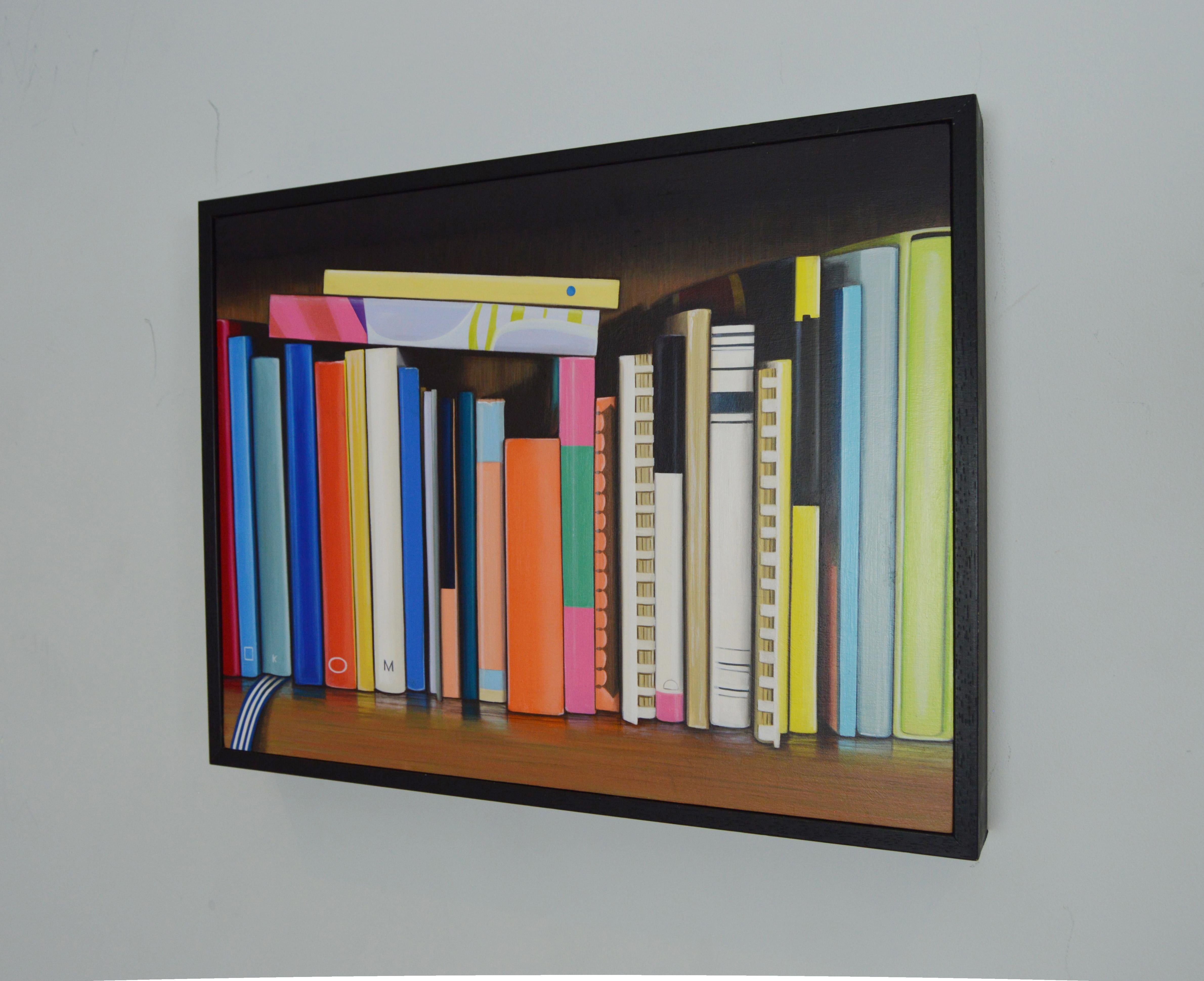 This very colourful painting of a shelf of cook books is executed in oil on a wood panel and is framed. The still-life painting was made in the Mark Hix kitchen library at the Tramshed , Shoreditch. Lettering was omitted in order to highlight the