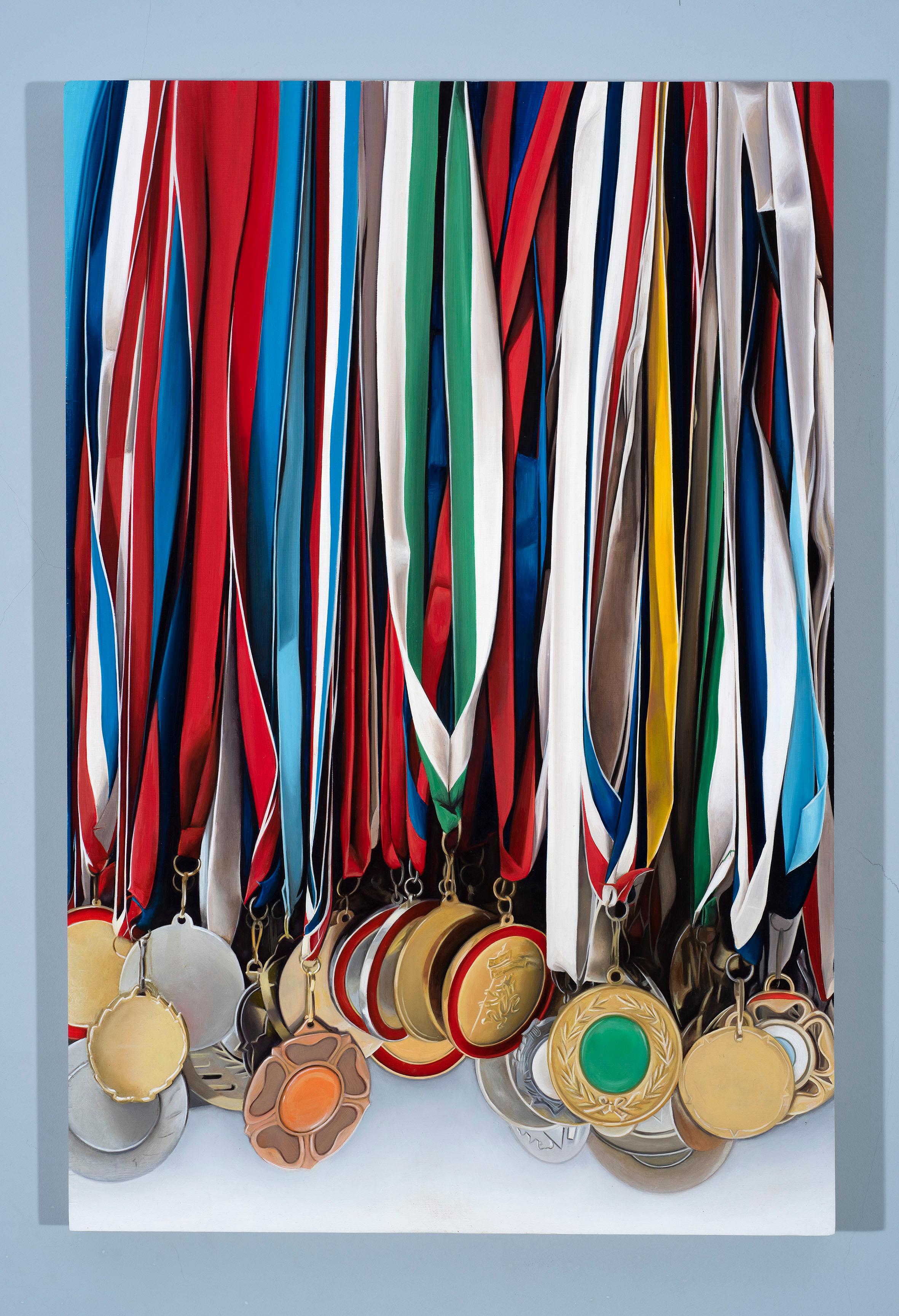 This technically astounding, photorealistic and colourful painting of a rack of medals is executed in oil on a wood panel.  Ian Robinson’s work is concerned with obsessions and the back-stories of collections.  Working mainly in still life he