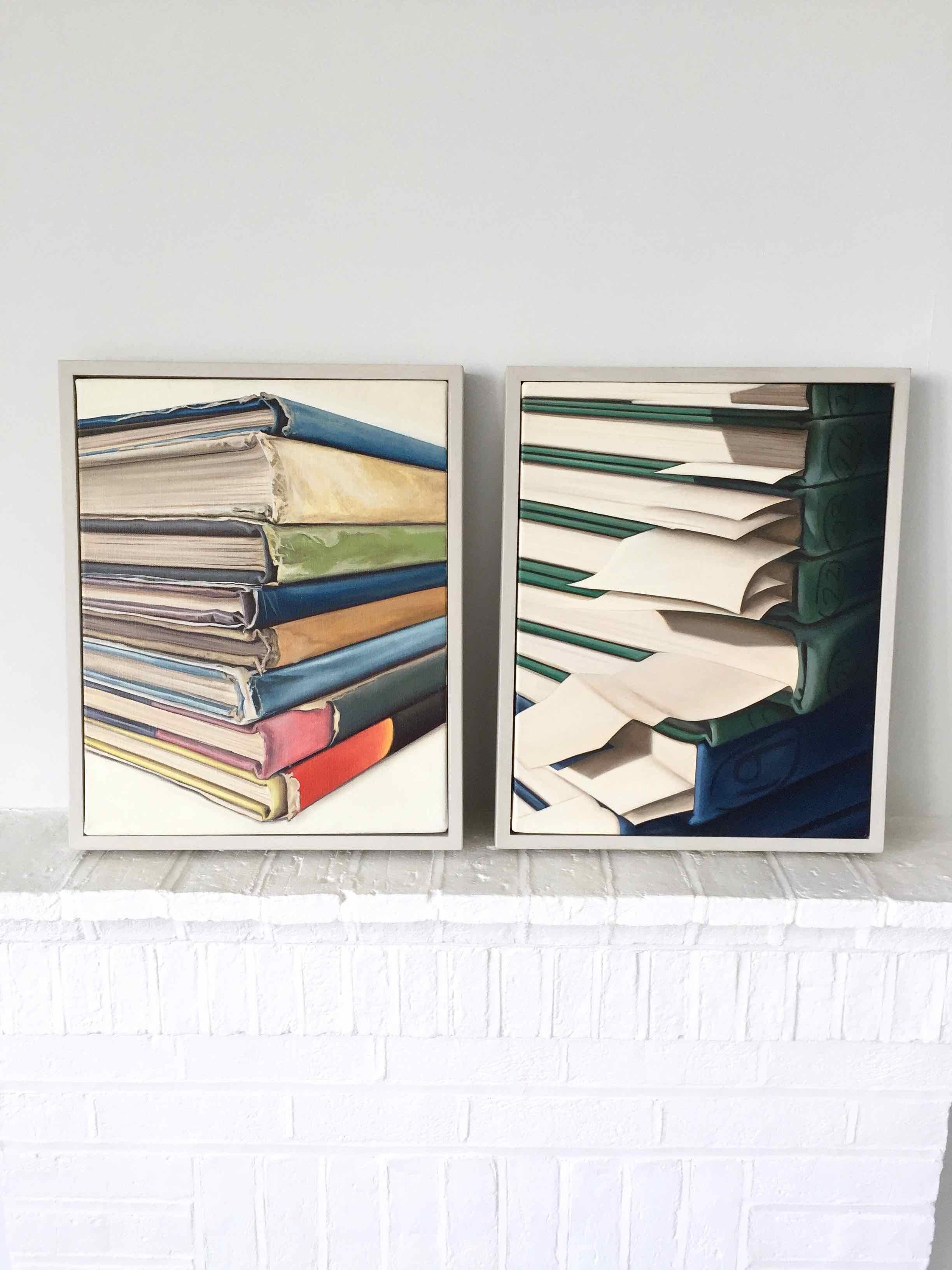 Reverspective Bookstack: a Photorealistic painting of books by Ian Robinson 1