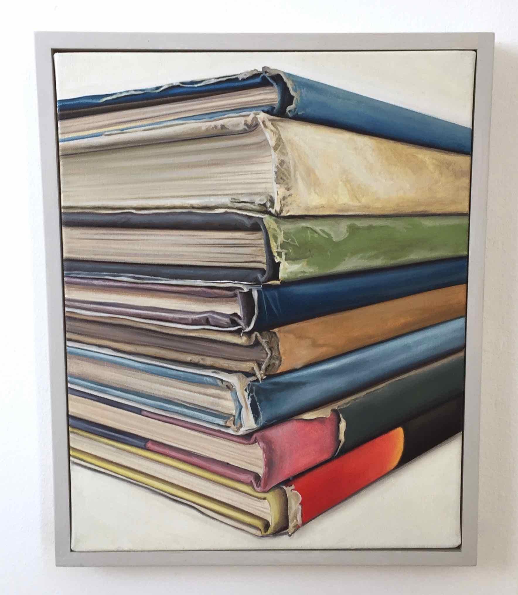 Reverspective Bookstack: a Photorealistic painting of books by Ian Robinson 2
