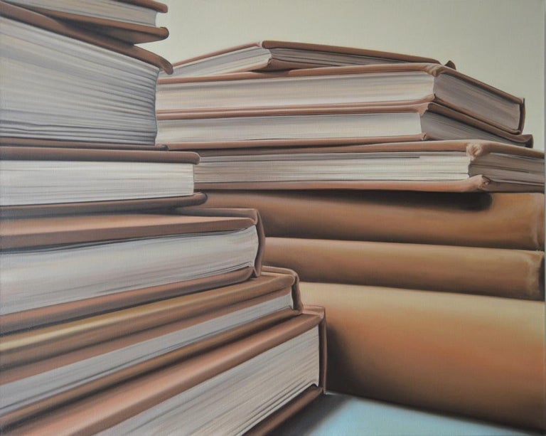 This technically astounding, photorealistic oil painting of books is executed in oil on fine linen and stretched over a wood stretcher.

Ian Robinson’s work is concerned with obsessions and the back-stories of collections.  Working mainly in still
