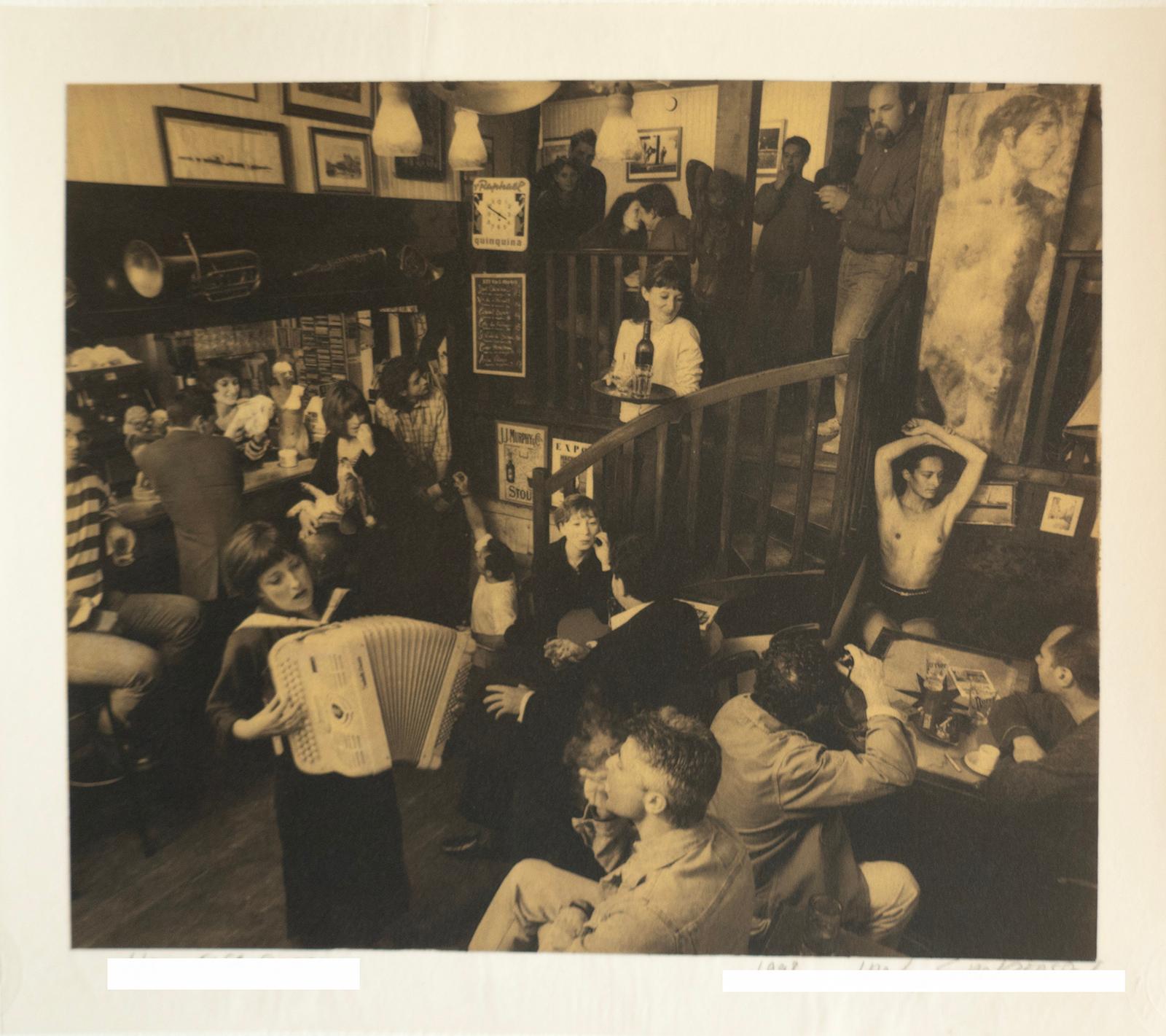 Elsa Poppin  -    Platinum Palladium print over 24 carat Gold leaf on vellum paper
Edition 1 of 8 , plus 2 AP ( Large size, size 2 )
Still life scene of the regulars at a vintage bar called Elsa Poppin in Rennes, Brittany, France

Signed + numbered