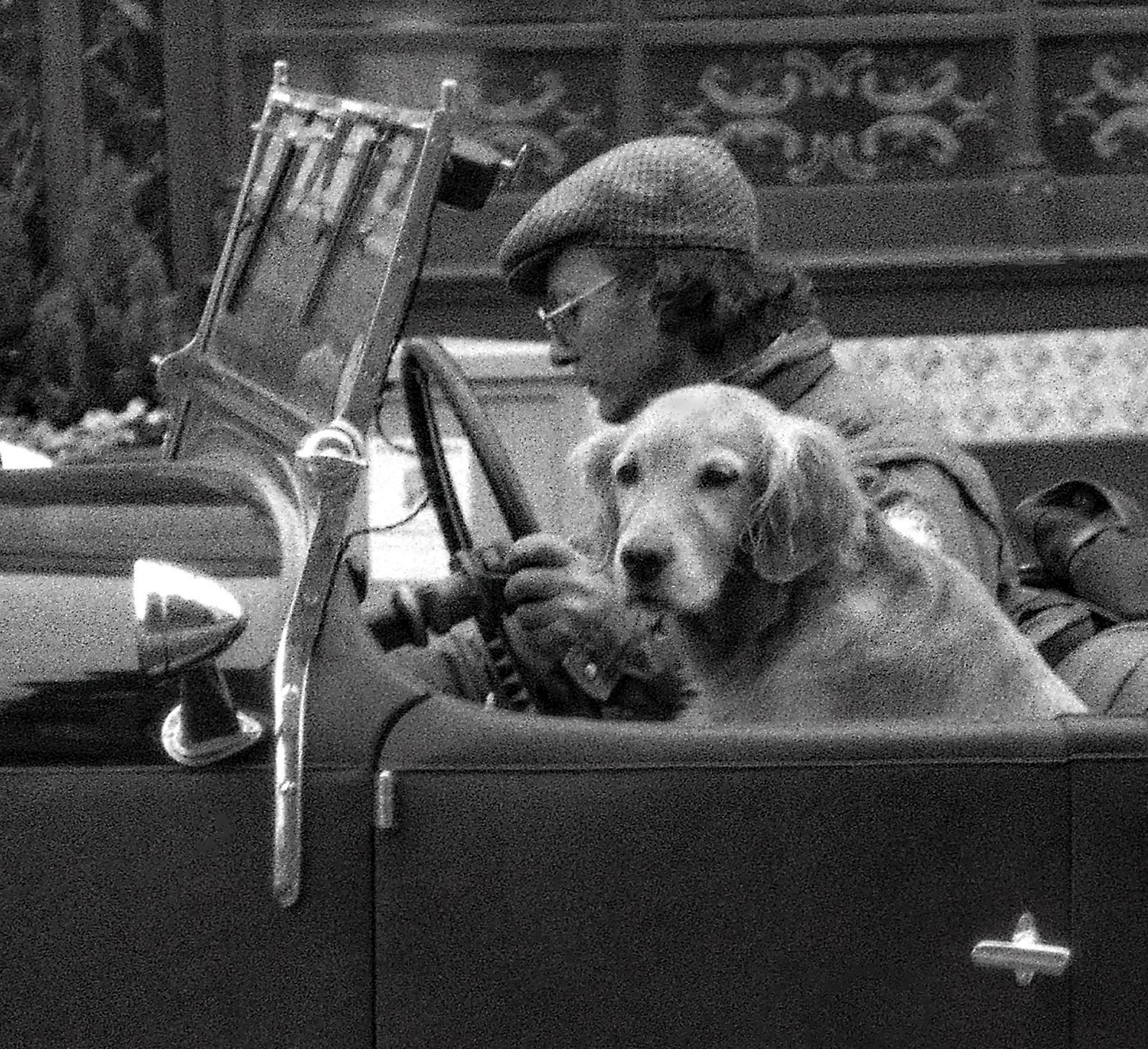 An original signed archival pigment print on Hahnemühle Photo Rag® Baryta 315 gsm paper by Scottish artist Ian Sanderson (1951- 2020) titled ‘ Sammy ‘ from 1984.
A man takes his dog for a walk in a vintage open-top car in Birghton, UK.

Signed by