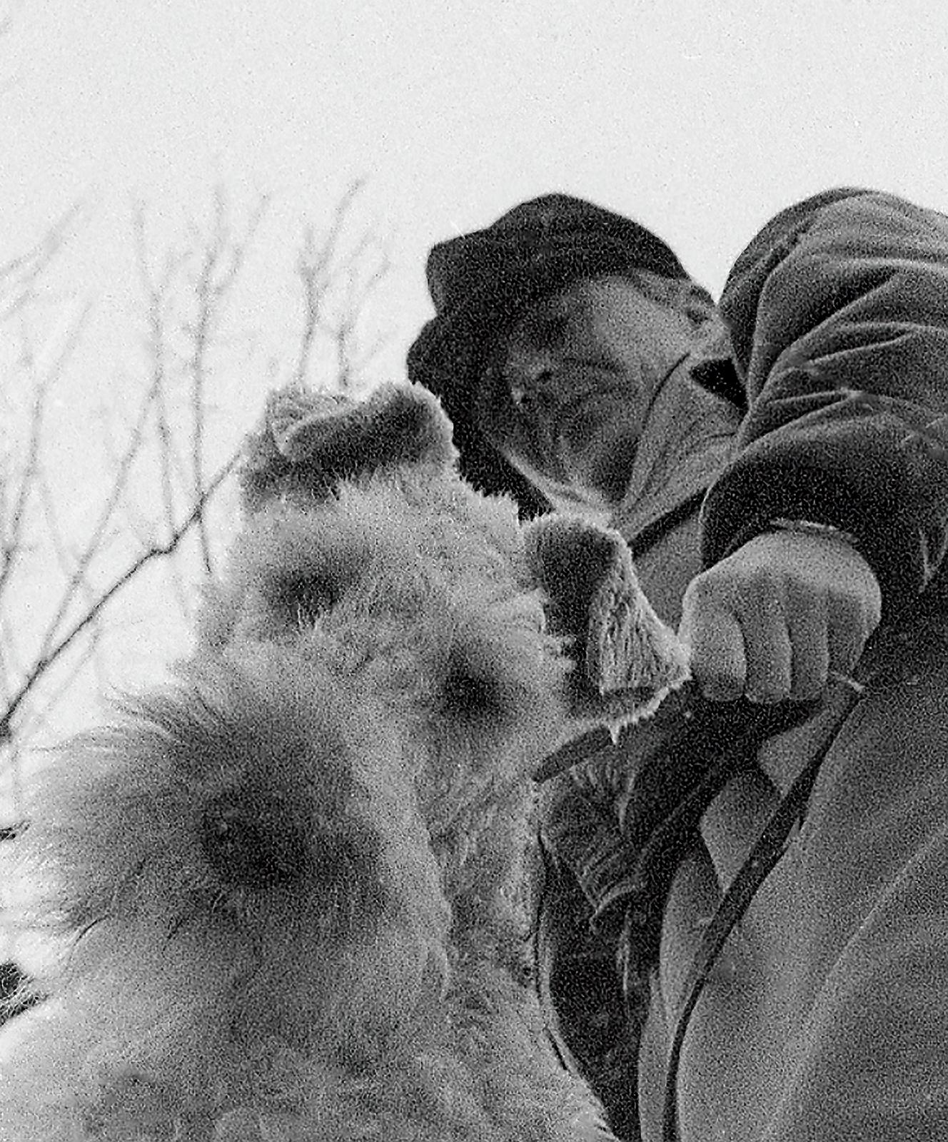 An original signed archival pigment print on Hahnemühle Photo Rag® Baryta 315 gsm paper by Scottish artist Ian Sanderson (1951- 2020) titled ‘  Up in the Air ‘ who was captured on film in 1984. 

Amusing photograph of a poodle dog with its owner,