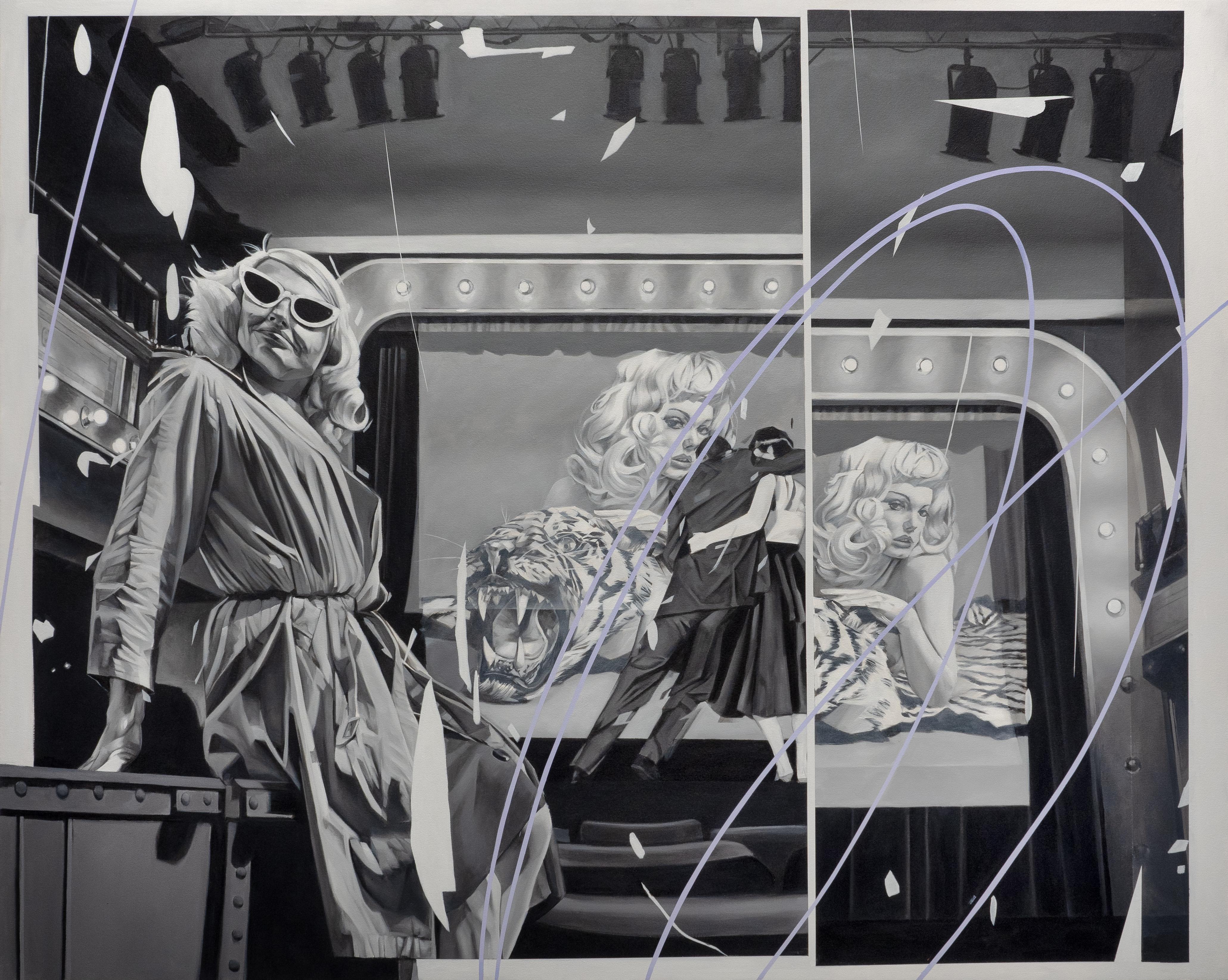 "The Shame Agent, Part II" est une œuvre figurative à grande échelle de l'artiste contemporain de renom Ian Shults. Cette composition dramatique fusionne la tension émotionnelle brute du cinéma noir avec l'énergie fragmentée de l'abstraction