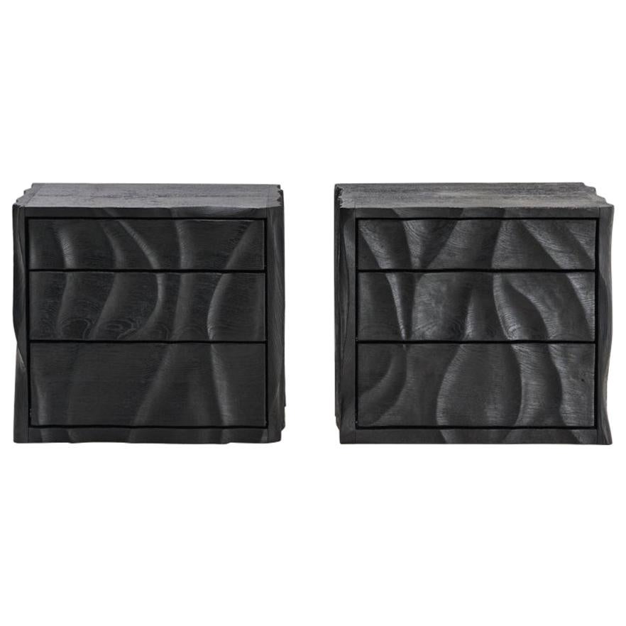 Ian Spencer, Charred Wavy Front Nightstand Pair, UK For Sale