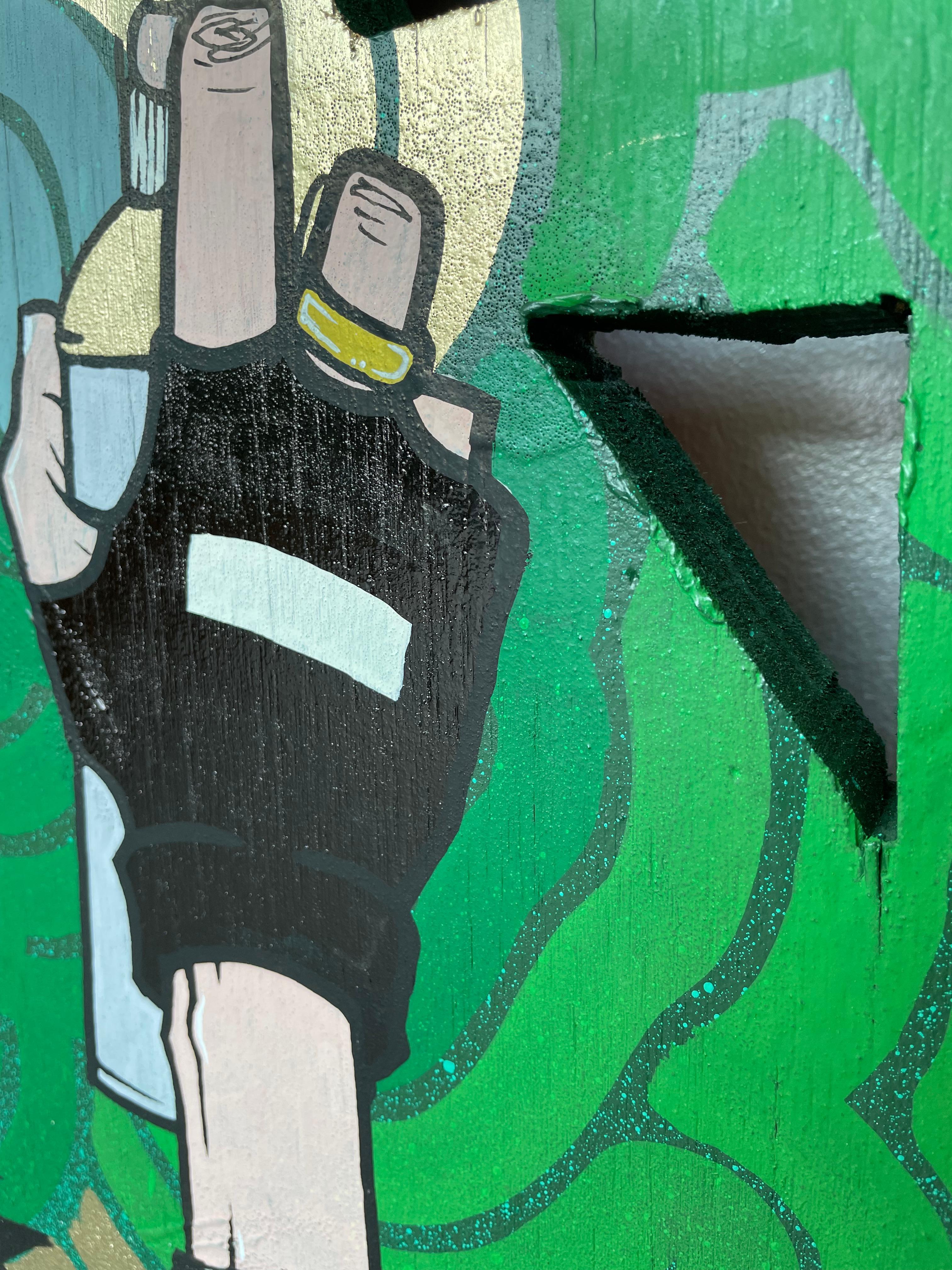 HE'S A GOOD KID, I SWEAR grande dipinto di street art in verde e oro su legno in vendita 8