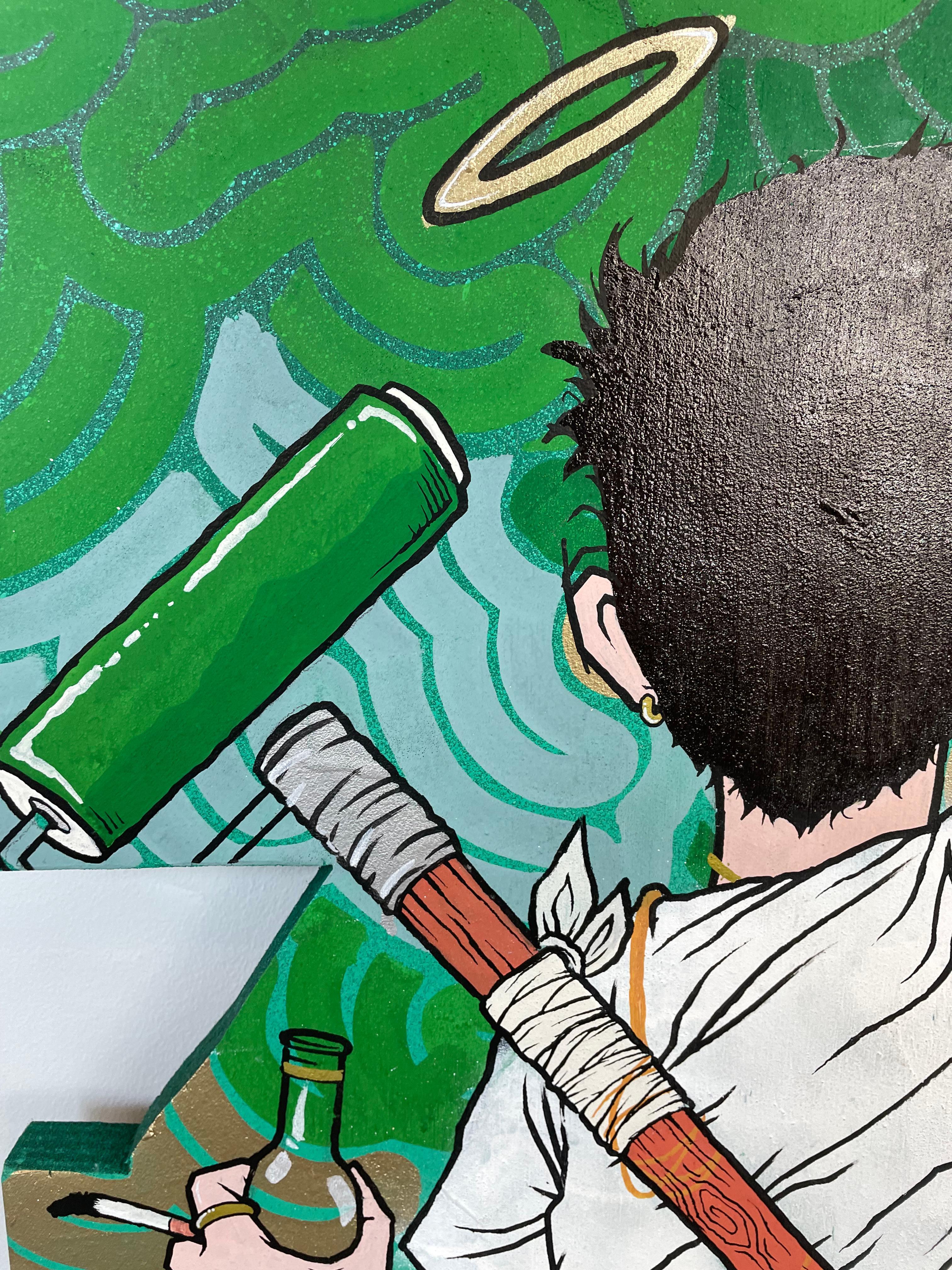 HE'S A GOOD KID, I SWEAR grande dipinto di street art in verde e oro su legno in vendita 9