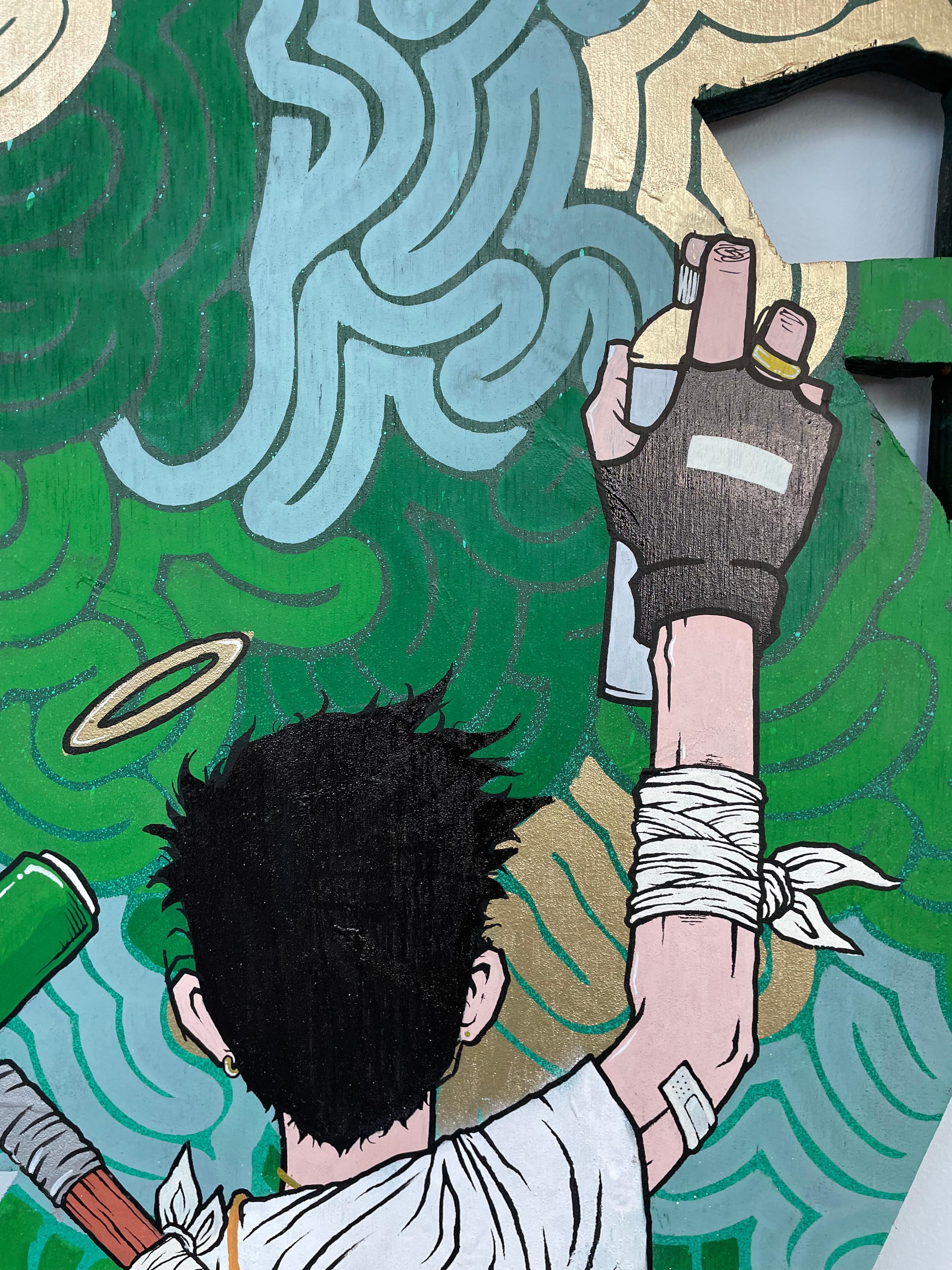 HE'S A GOOD KID, I SWEAR large street art painting in green and gold on wood For Sale 9