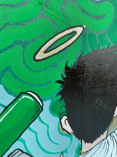 HE'S A GOOD KID, I SWEAR large street art painting in green and gold on wood