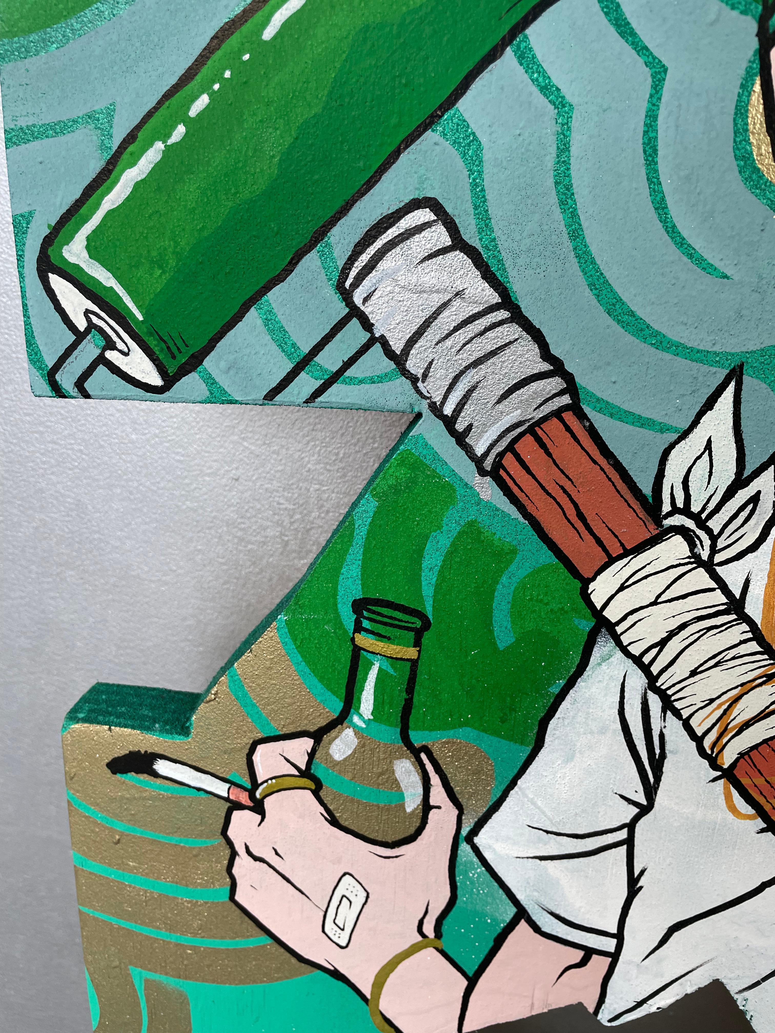 HE'S A GOOD KID, I SWEAR grande dipinto di street art in verde e oro su legno in vendita 2