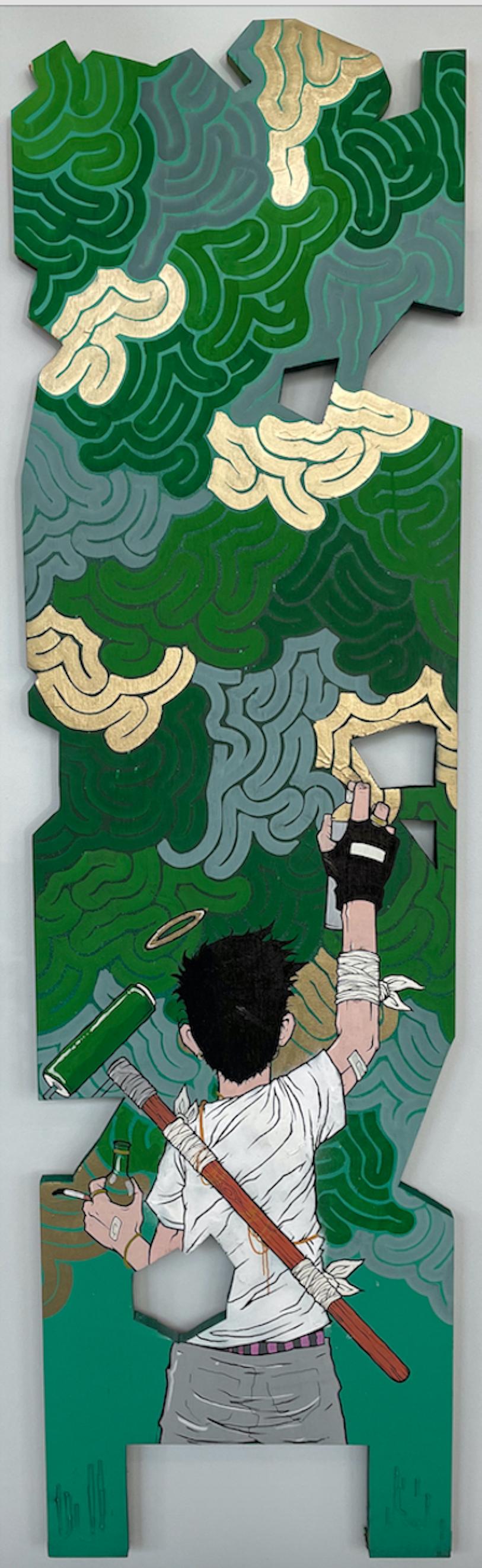 Ian Sullivan Abstract Painting - HE'S A GOOD KID, I SWEAR large street art painting in green and gold on wood