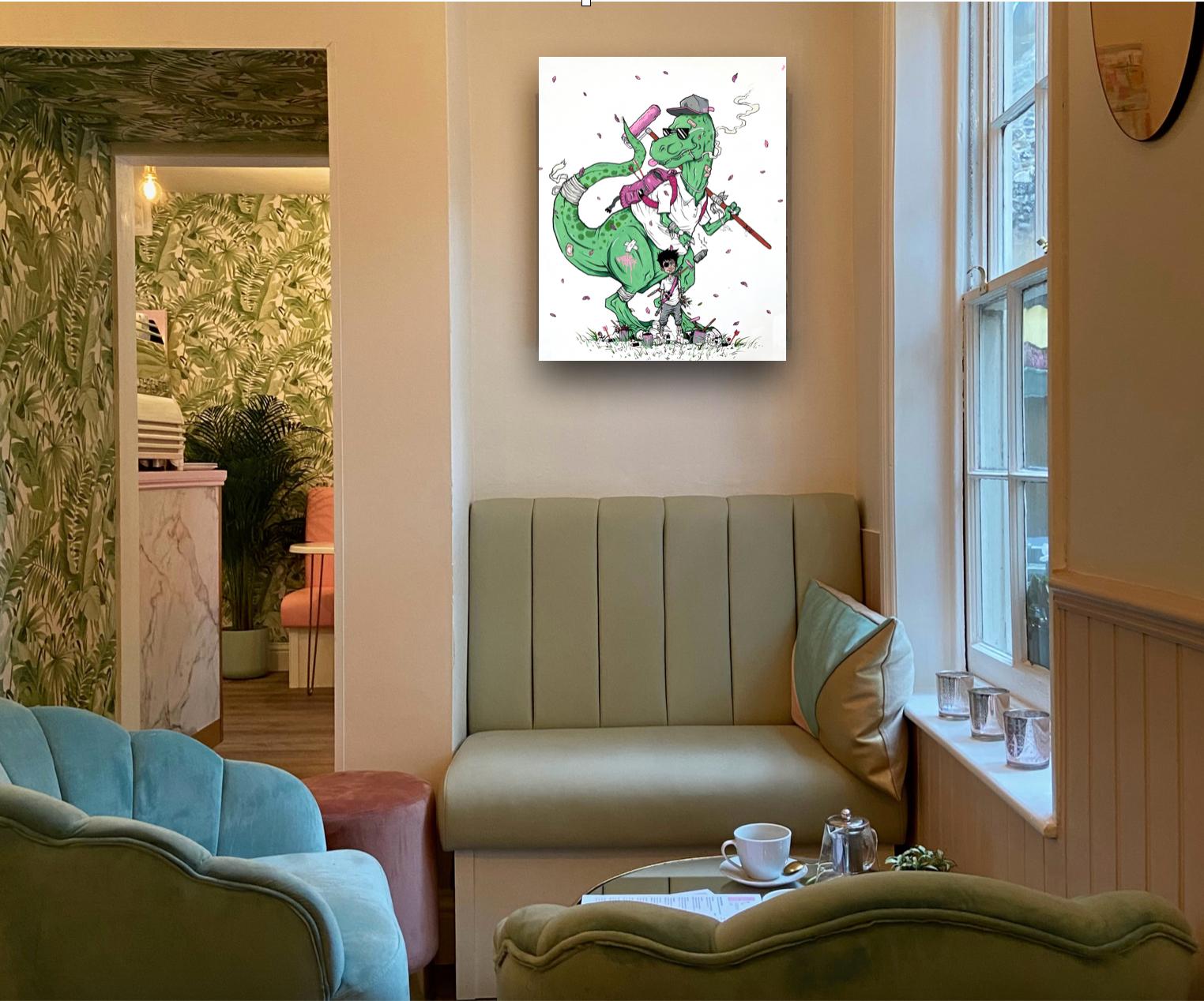 LET ME TELL YA BOUT MY BEST FRIEND-unique street art painting in green and white - Green Figurative Painting by Ian Sullivan