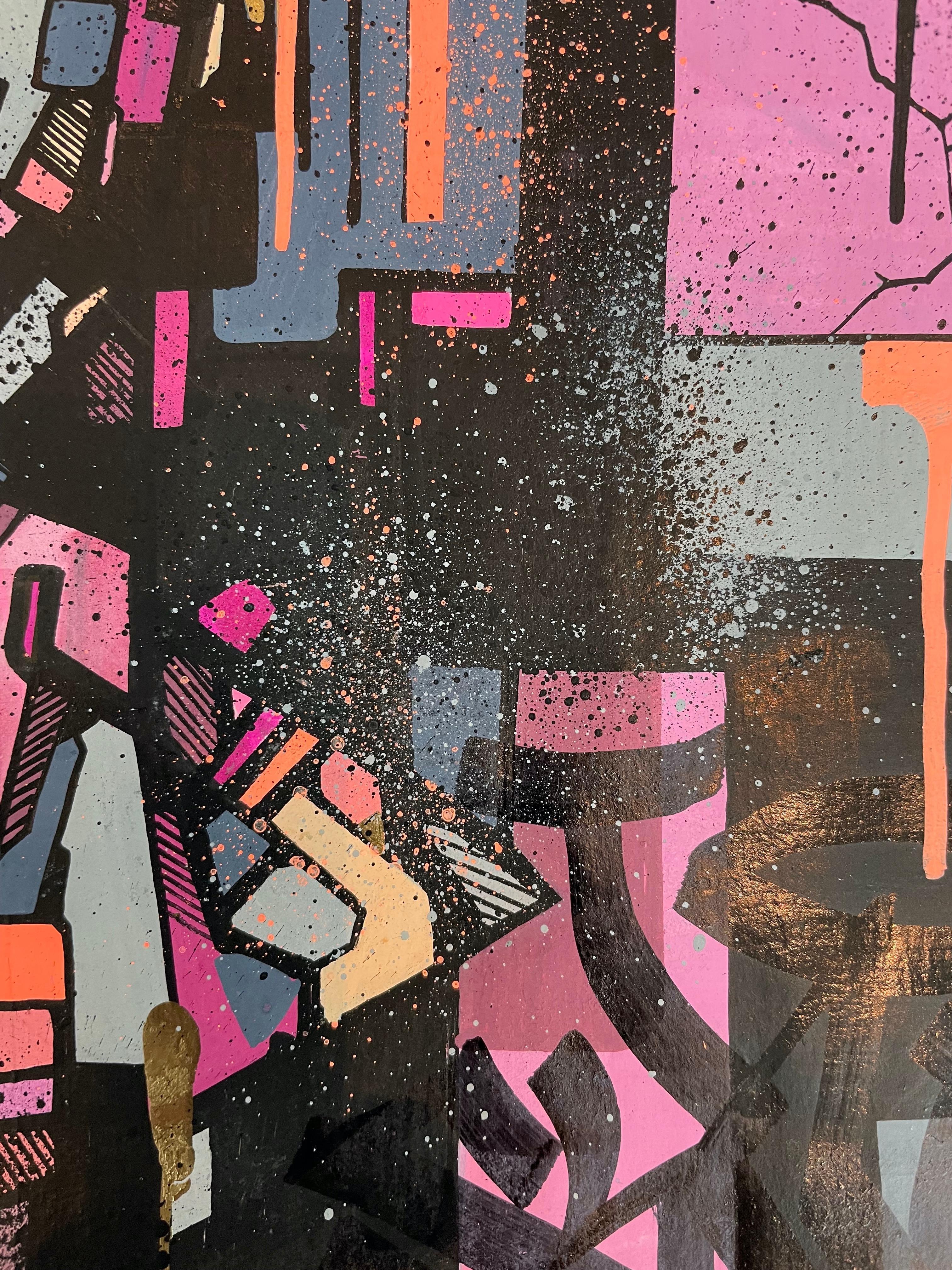 PIECING IT TOGETHER;  Small colorful graffiti art on paper - Painting by Ian Sullivan