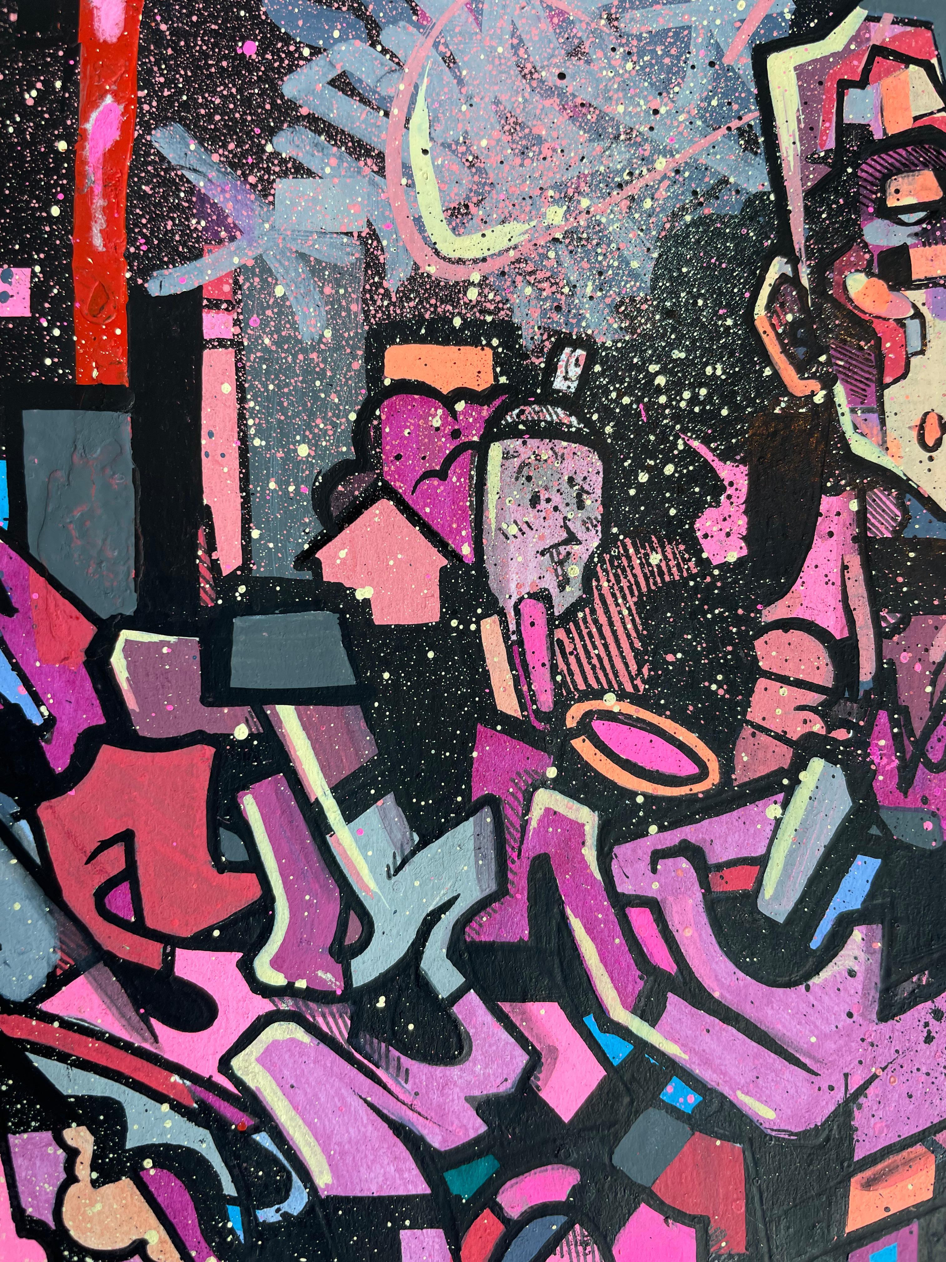 SHENANIGANS - Small colorful graffiti art on paper - Black Figurative Painting by Ian Sullivan