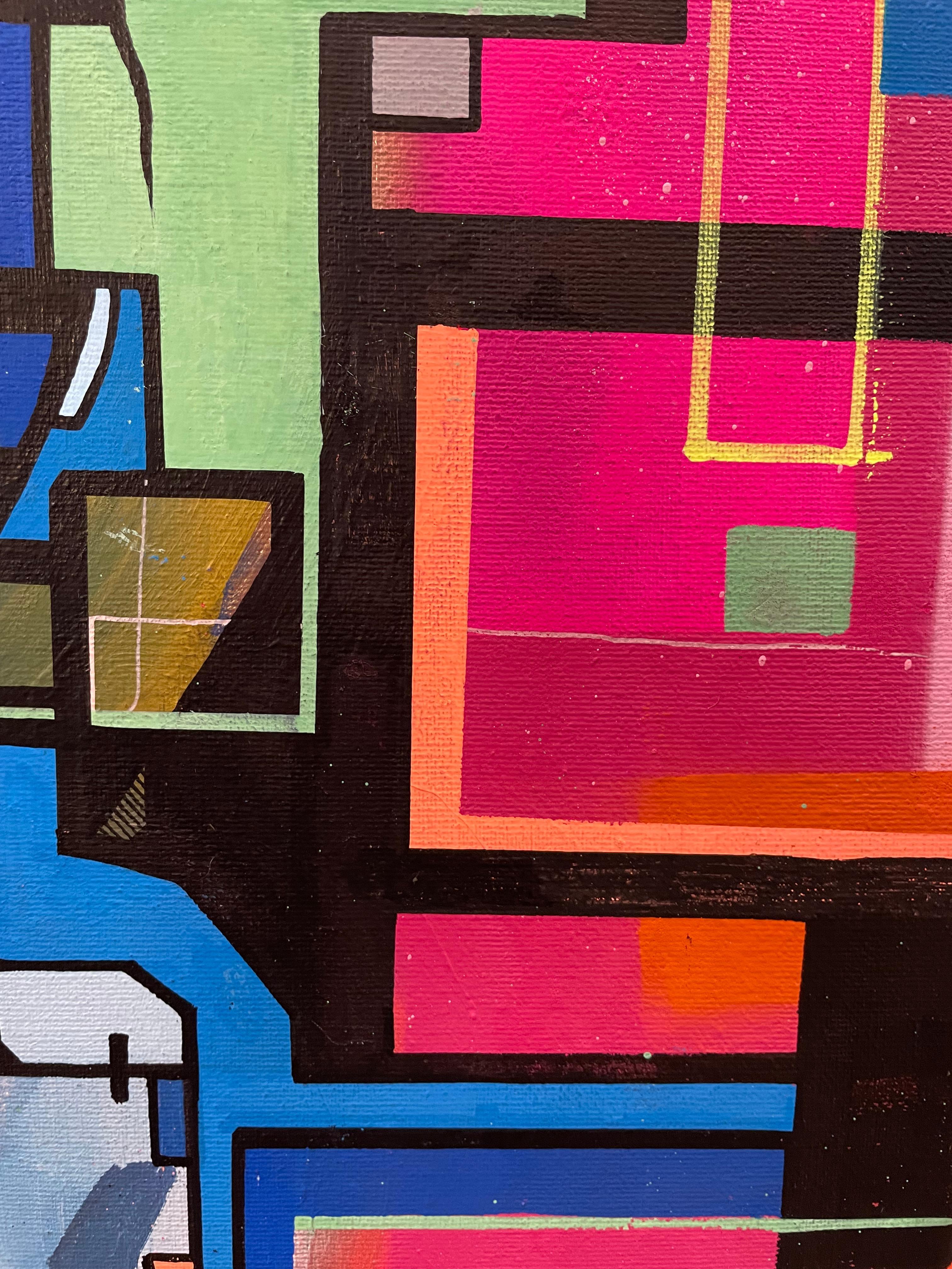 Artist: Ian Sullivan
Title: TESS
Size: 20 x 16 inches
Medium: Acrylic, Spray paint and Ink on canvas
Unframed

Moody colors and geometric lines dominate this figurative/abstract, street-inspired painting by Ian Sullivan. 