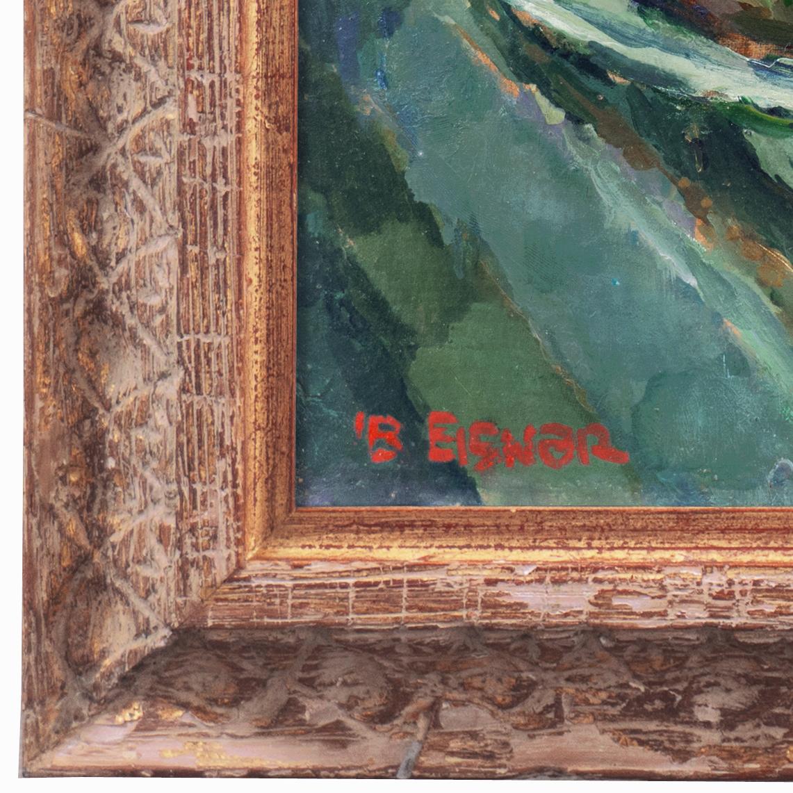 Signed lower left, 'Ib Eisner' (Danish, 1925-2003) and dated, lower right, 1953.
Displayed in a period, carved gilt-wood frame. 
Framed dimensions: 19 x 21.5 x 1.5 inches. 

A lyrical, mid-century Post-Impressionist oil still-life showing a view of