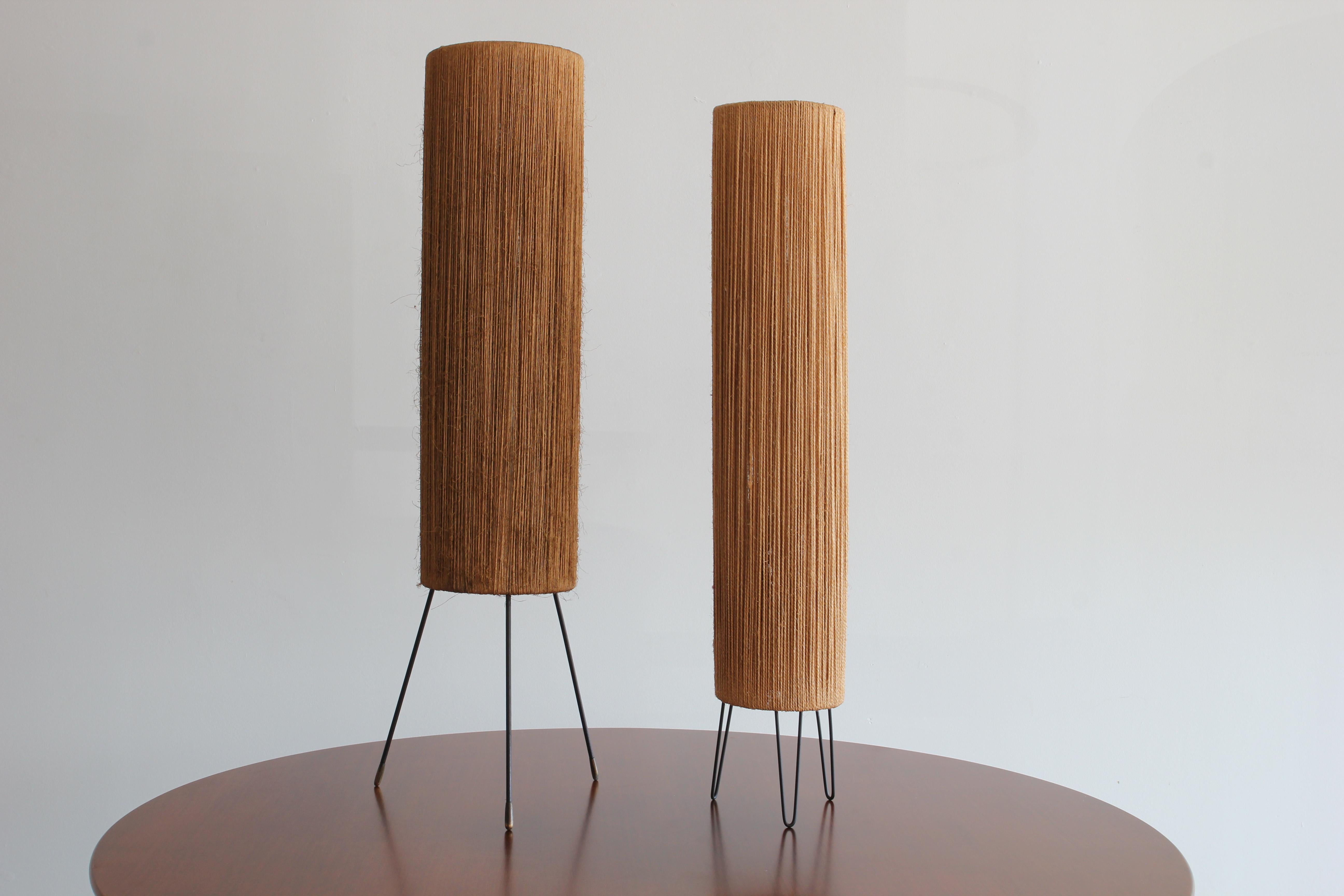 2 slightly different table lamps by Ib Fabiansen for Fog & Mørupwith. 
Hemp string on iron tripod bases.
Newly rewired. 
Priced individually. 

Measures: H 89.5 cm diameter 19 cm
H 83 cm, diameter 15 cm.