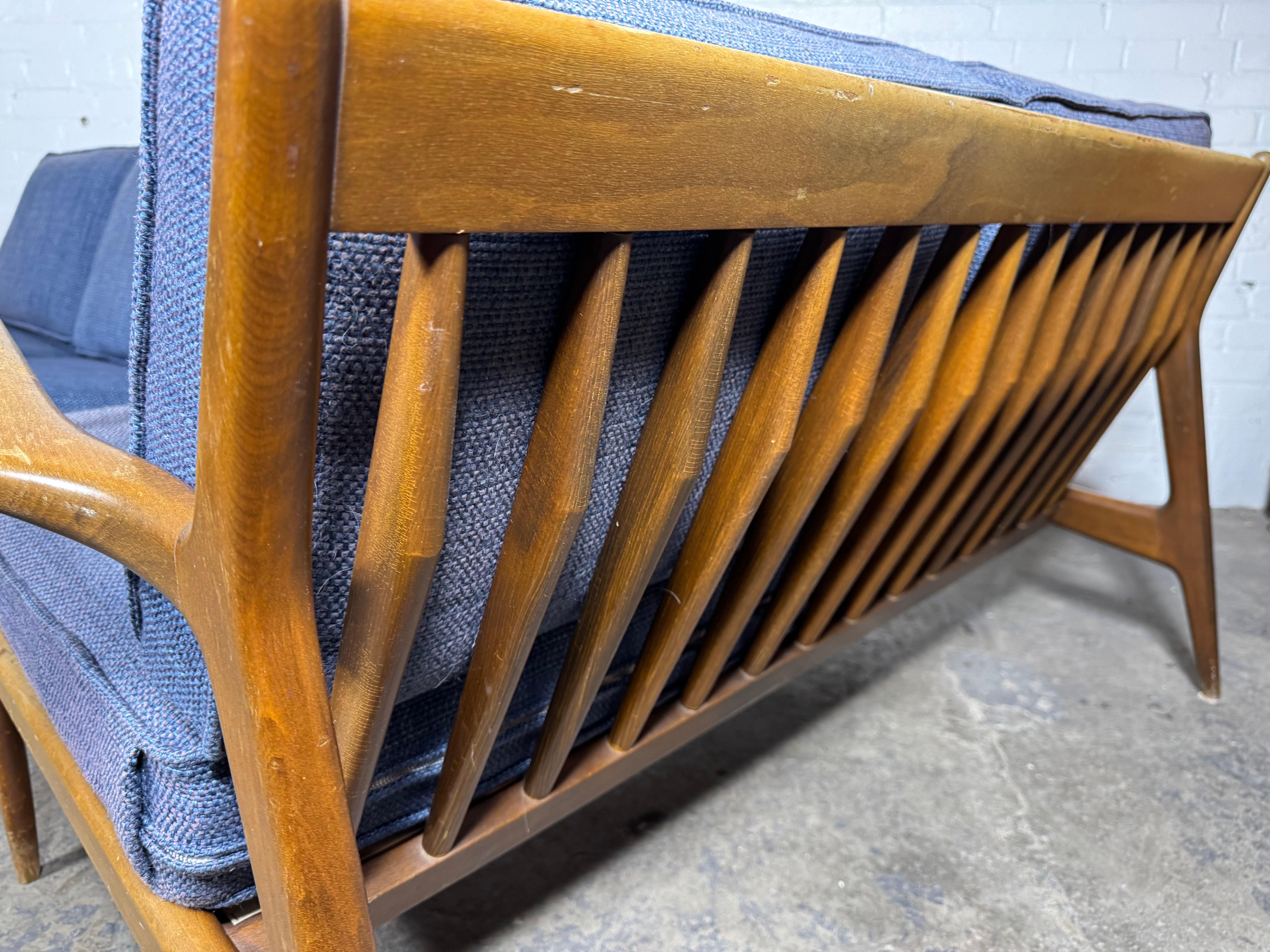 Ib Kofod-Larsen 2-piece / four seat sofa by Selig... Classic Danish Modern, Made in DENMARK.Retains nice grey wool fabric cushions, Minor wear to wood frame, original finish / patina. Also avail . MATCHING LOUNGE CHAIR. (separate listing) Hand