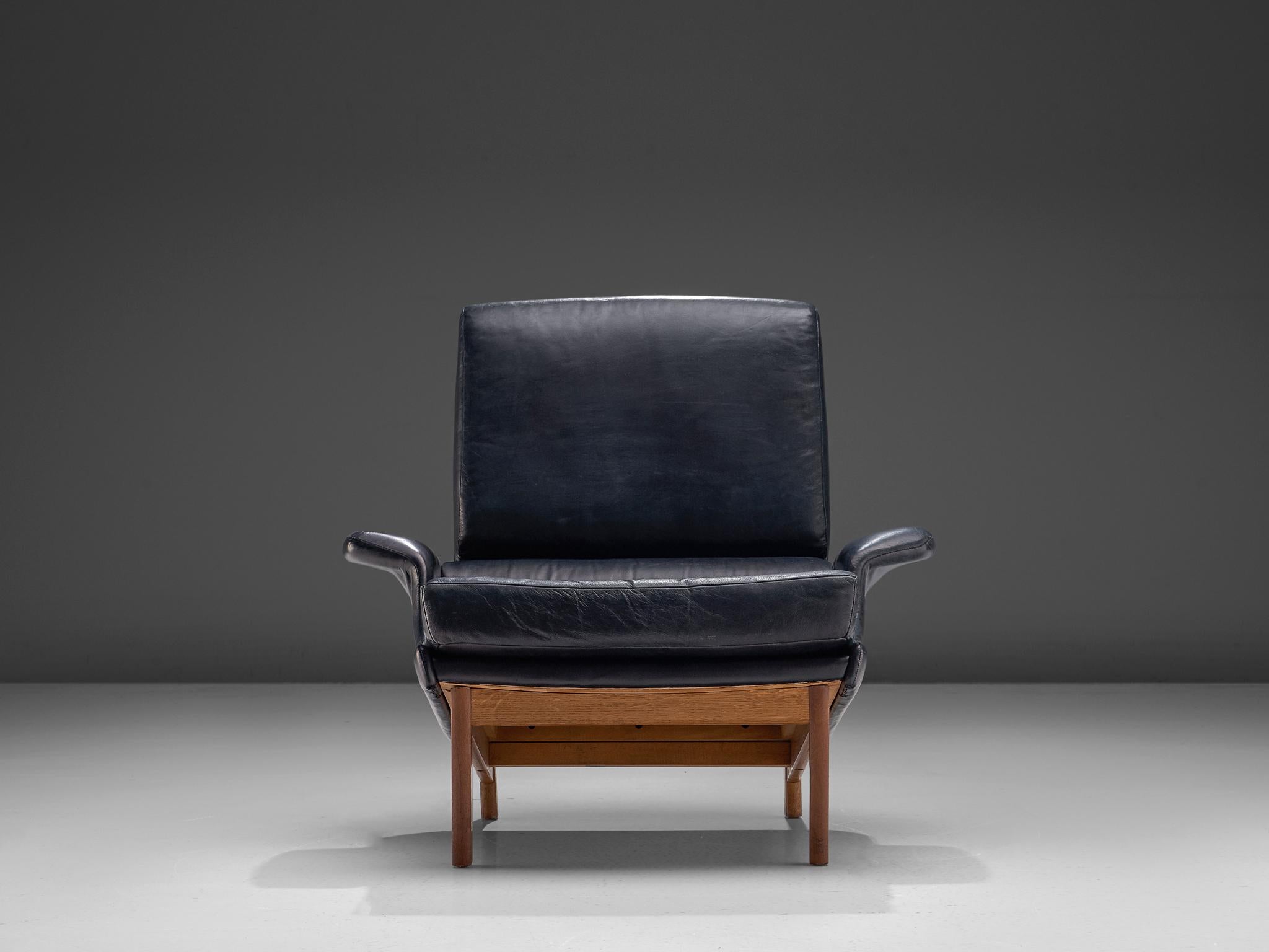 Danish Ib Kofod-Larsen Adam Blue Leather Lounge Chair