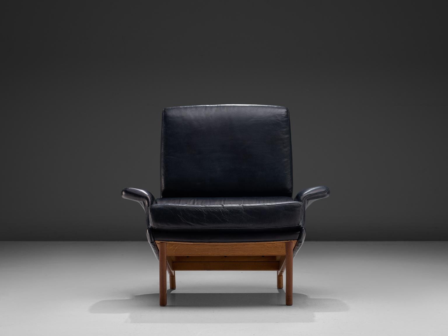 Danish Ib Kofod-Larsen Adam Blue Leather Lounge Chair